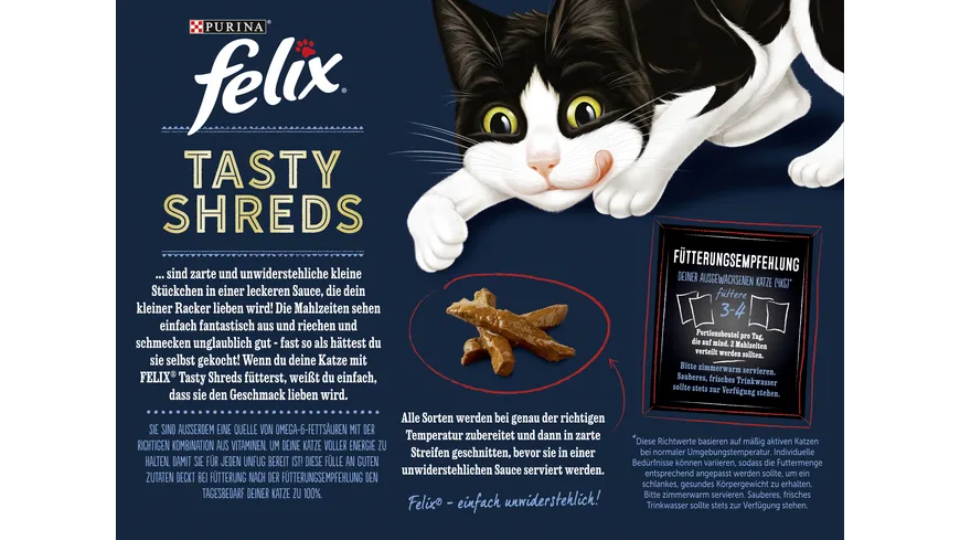 PURINA FELIX Tasty Shreds Geschmacksvielfalt vom Land Katzennassfutter 10x80g Portionsbeutel 800 g