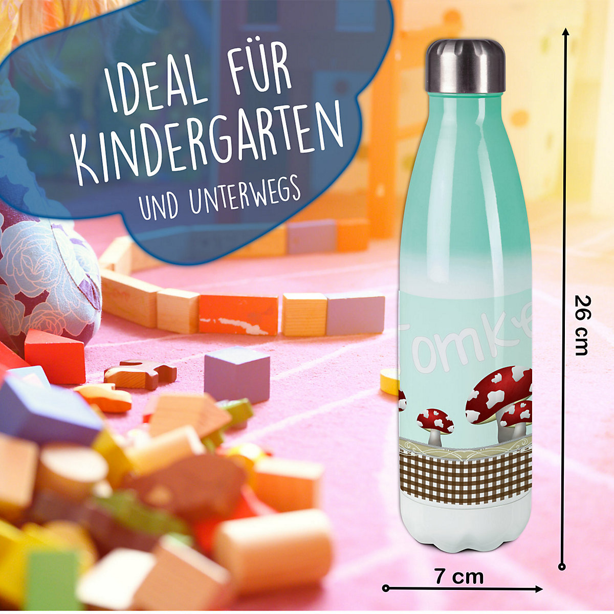Edelstahl Kinder Thermoflasche / Trinkflasche bunt Pilz Farbe hellblau Spülmaschinenfest, Auslaufsicher, Bruchfest, Doppelwandig, Für Heißgetränke geeignet, Mit Deckel, Isoliert