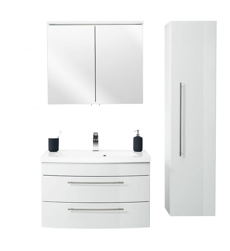 Posseik Badmöbelset Luna 80 mit runder Front Spiegelschrank LED Hochschrank weiss hg EEK: F