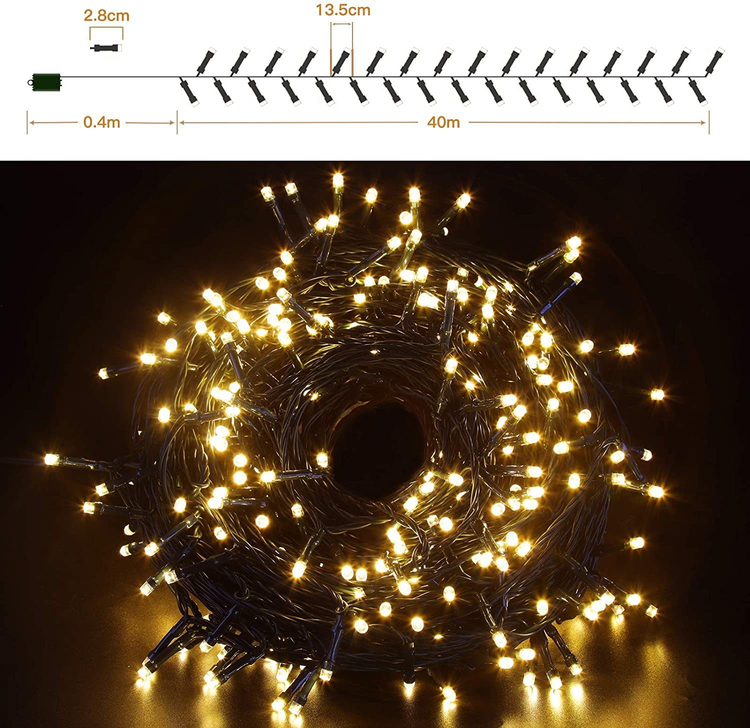 Elegear LED-Lichterkette 40M 300 LEDs Lichterkette für Weihanchtsbaum, 300-flammig, Weihnachtsdeko mit Batterie, Timer, 8 Modi