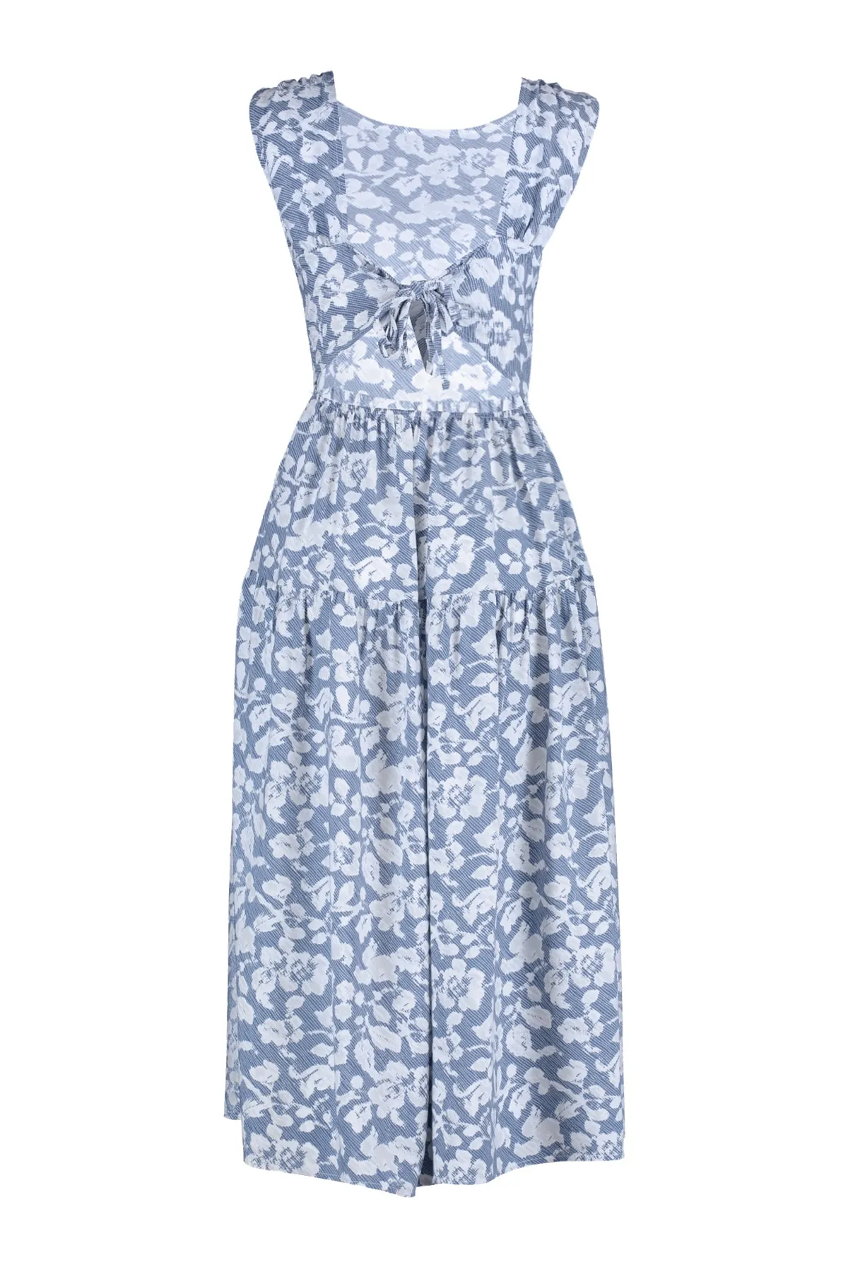 Trendyol Collection  Blaues Midi-Kleid mit gewebtem Rückendetail und Blumenmuster und Taillenöffnung TWOSS21EL0709