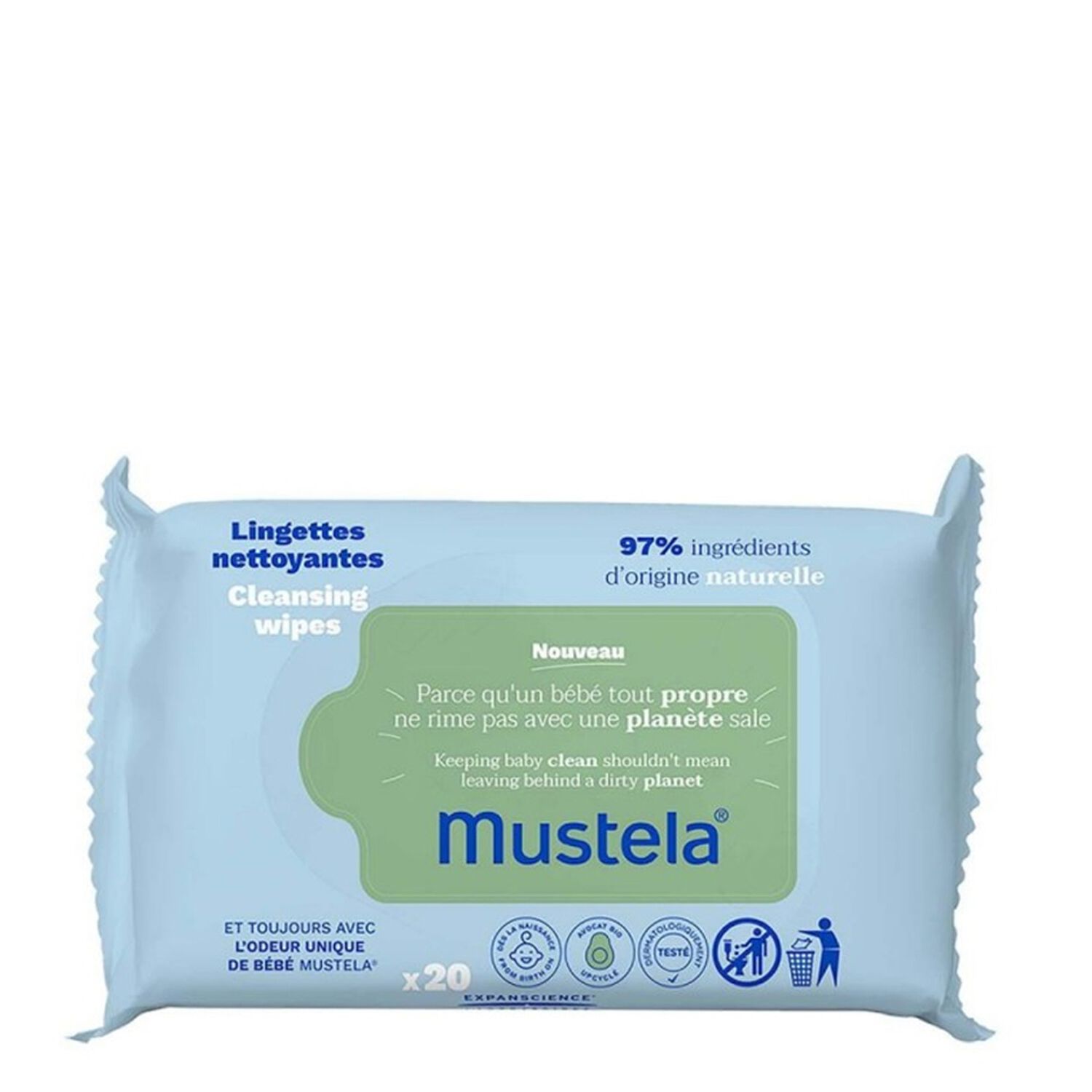 Mustela Bébé Lingettes Nettoyantes Parfumées à L'Avocat Bio - 20 Unités