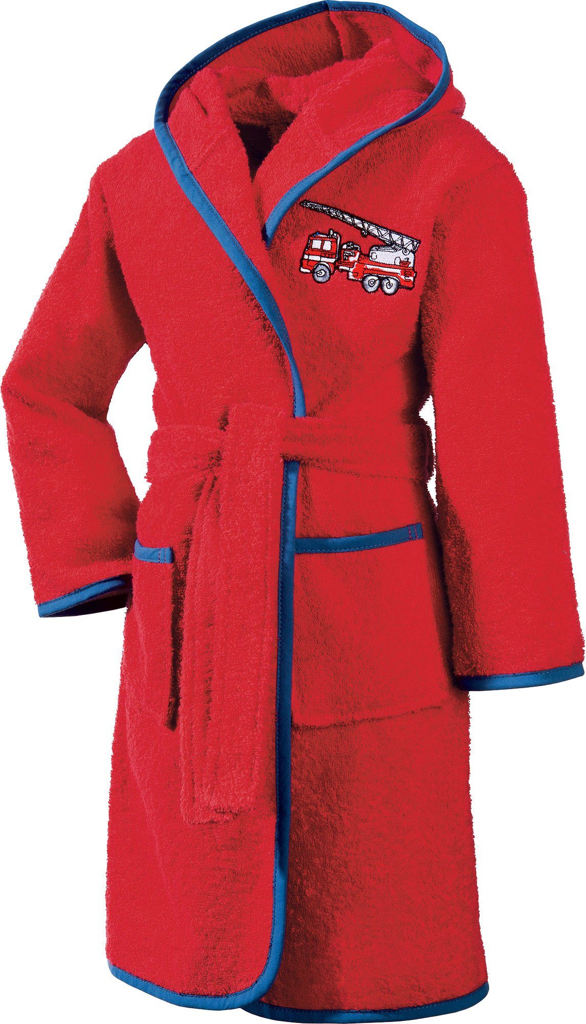 Erwin Müller Kinderbademantel Kinder-Bademantel mit Kapuze, Rückenlänge: 65 cm, Frottier, mit Kapuze, default, Walk-Frottier Uni, Motiv: Feuerwehr