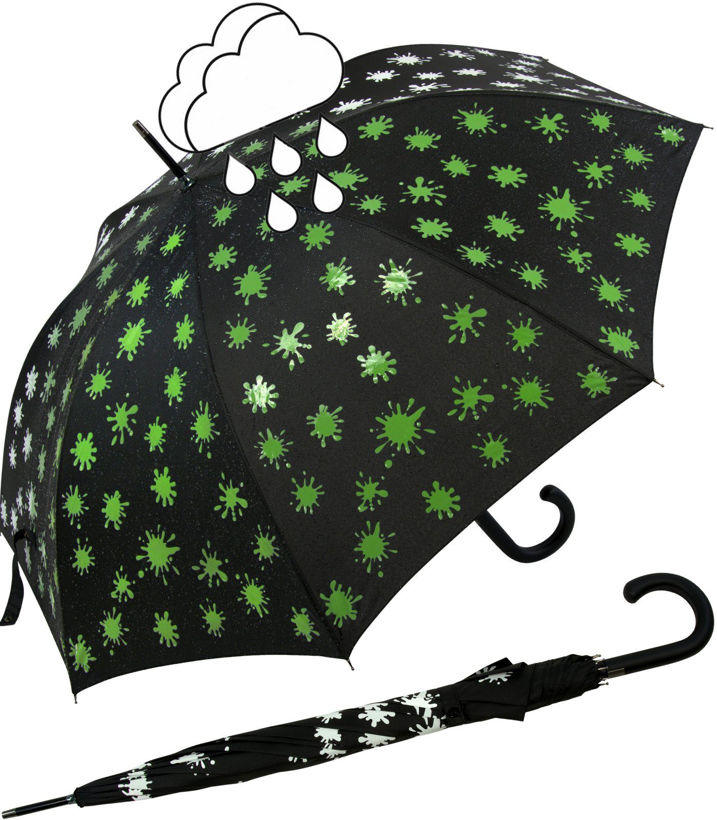 iX-brella Langregenschirm iX-brella Damenschirm mit Automatik und Wet Print, Farbänderung bei Nässe - Farbkleckse neon-grün
