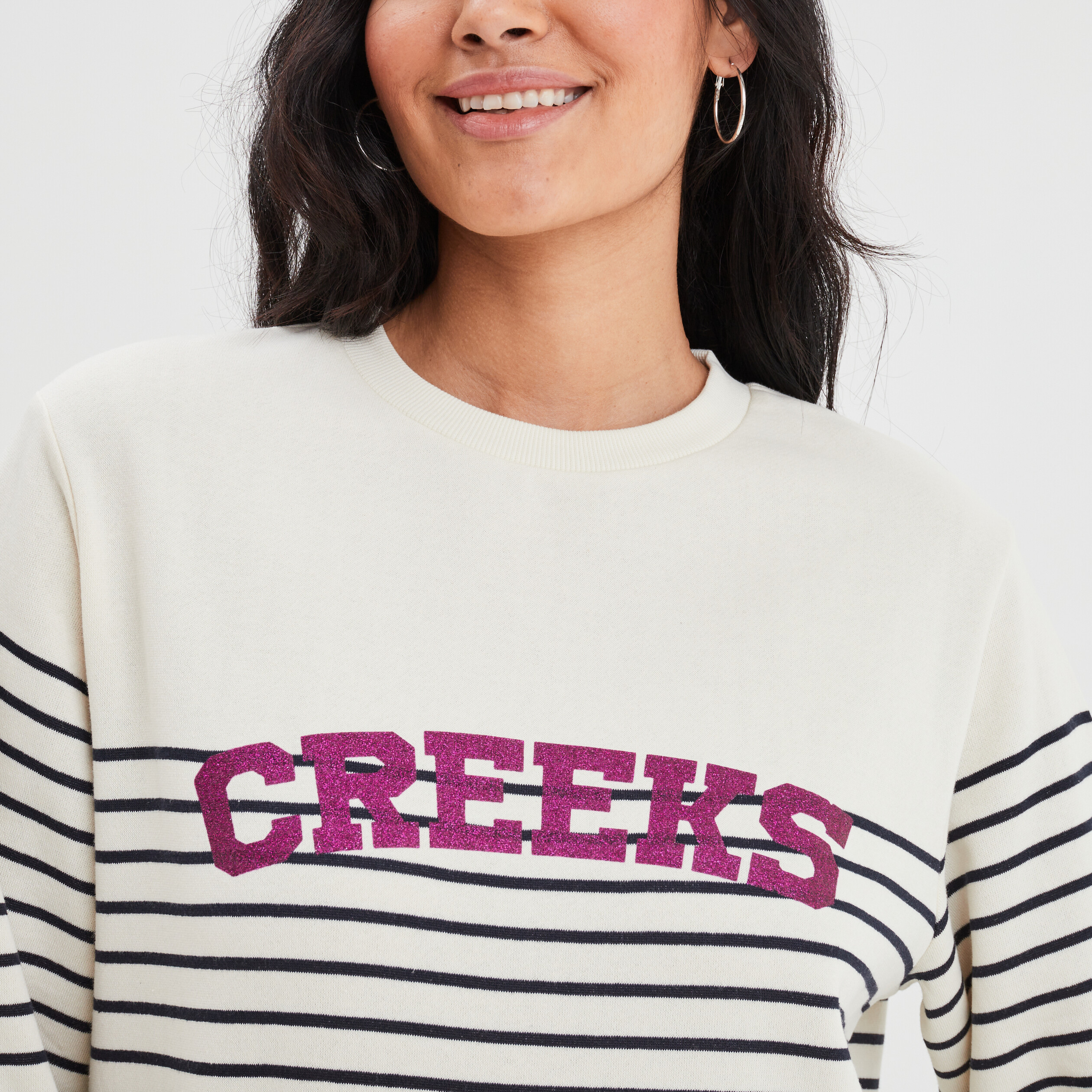 Sweat col rond logo paillettes Creeks ecru femme | La Halle