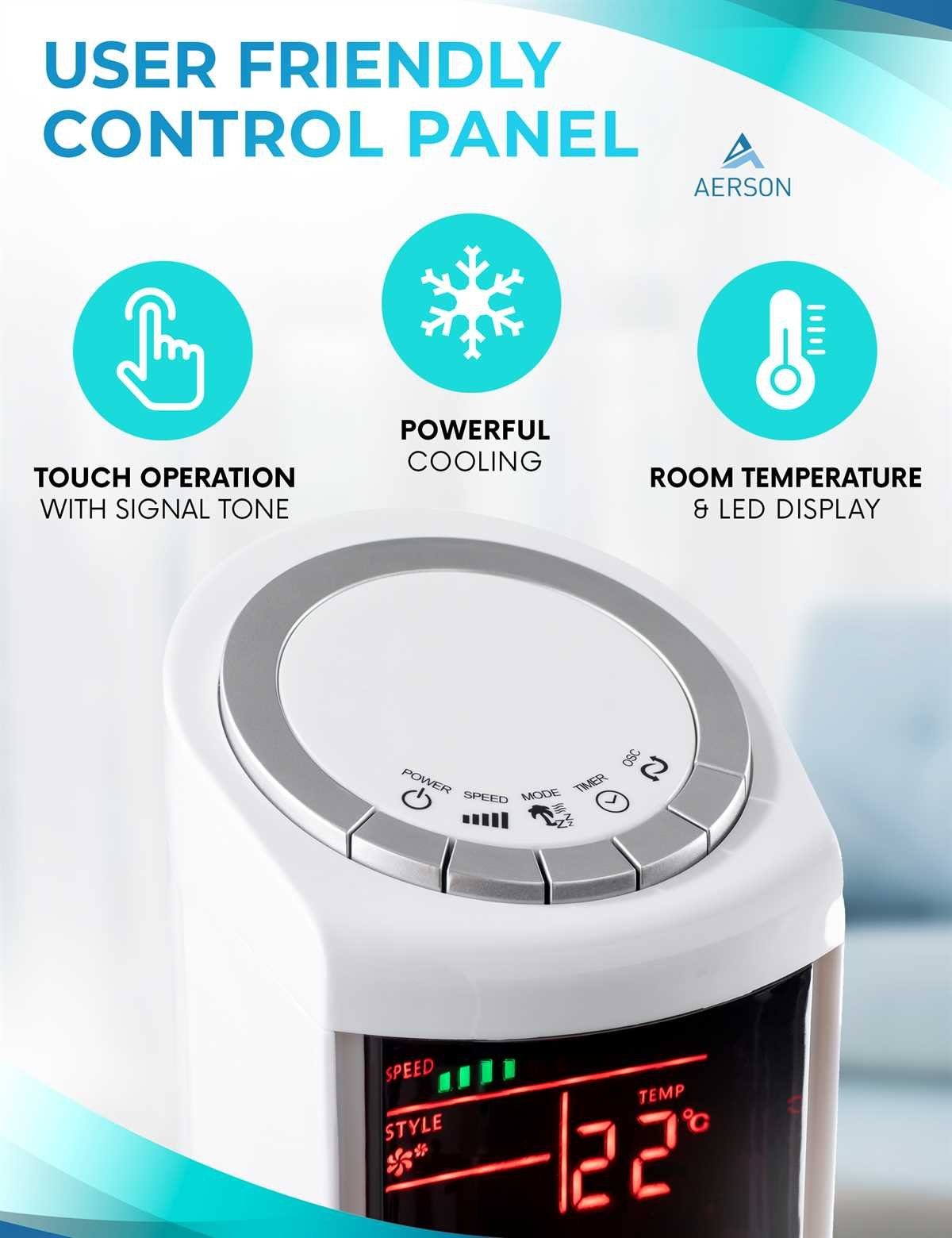AERSON Turmventilator Ventilator mit Fernbedienung & Timer 90 cm Tower Fan, 3 Stufen, LED Display Raumtemperaturanzeige 45 W