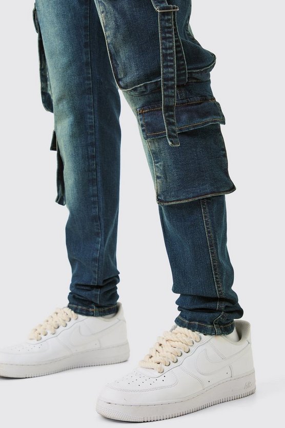 Tall dunkelblaue Stretch Skinny Cargo-Jeans mit Taschen-Detail