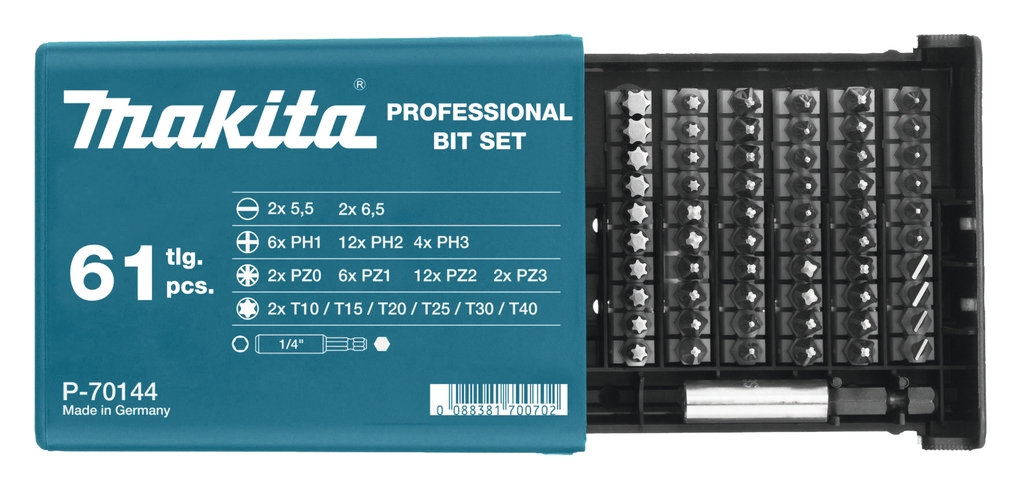Accessoires Makita P-70144 Coffret de 61 embouts dans une boîte en plastique de haute qualité.