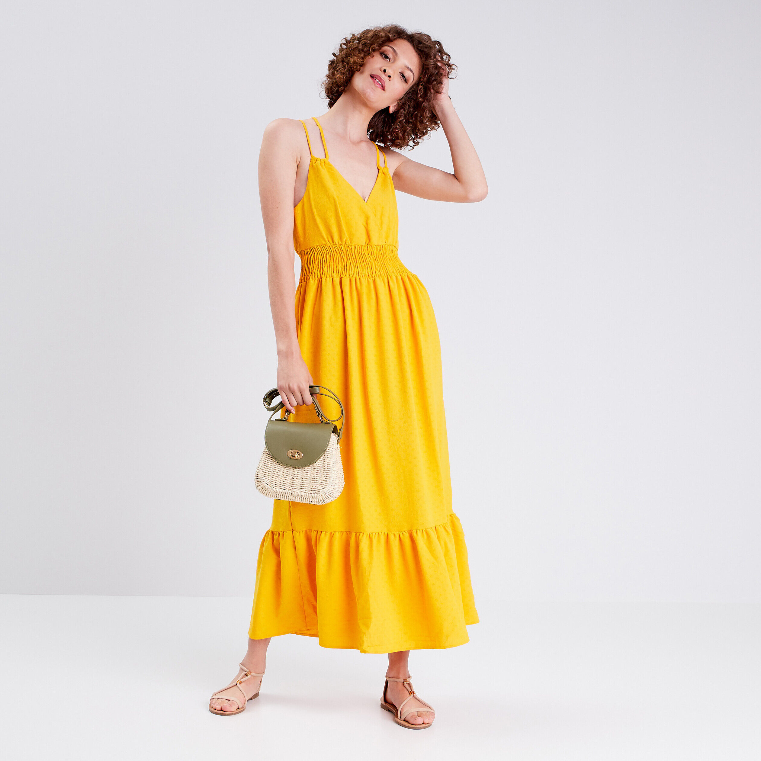 Robe longue évasée jaune foncé femme | Cache Cache