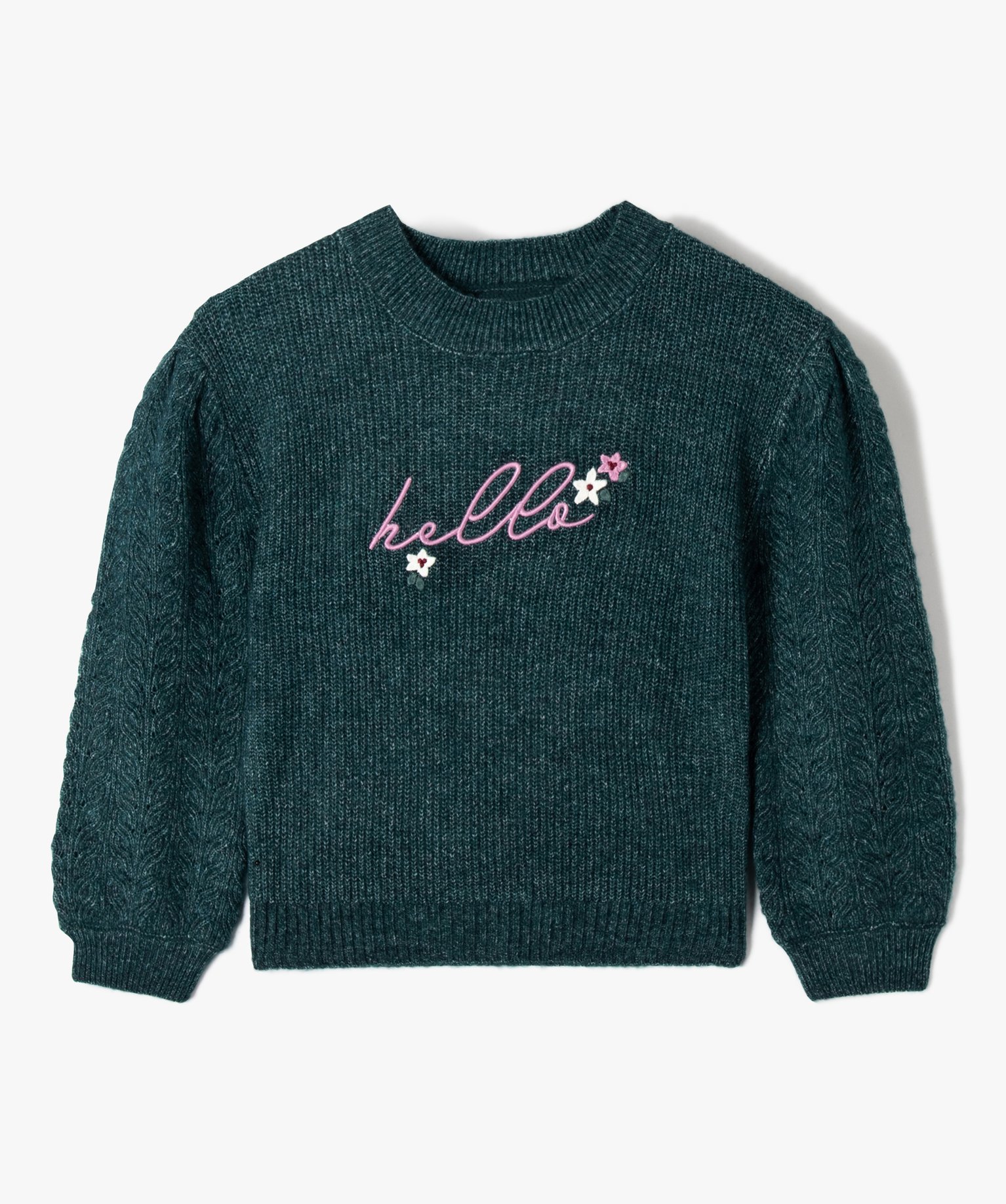Pull fille avec manches bouffantes et message brodé vert | GEMO