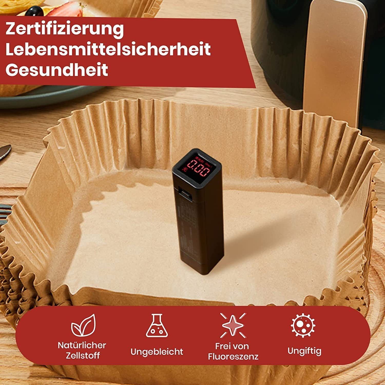 SOTOR Backpapier 200 Stück Backpapier für Heißluftfritteuse, quadratisches Backpapier, Nicht klebend, Einweg, ölbeständig Backpapier Airfryer, 16.5cm/20cm