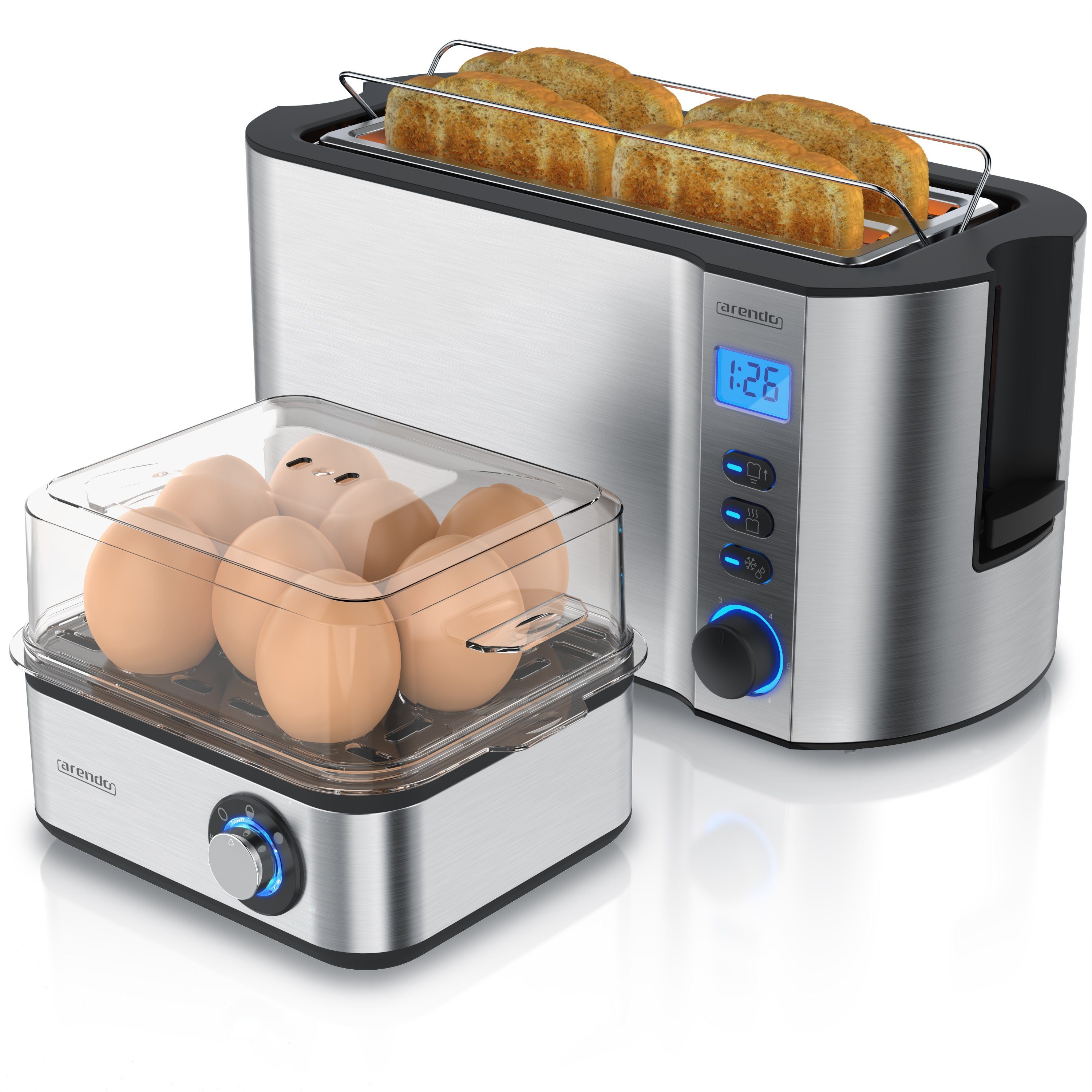 Arendo Frühstücks-Set (2-tlg), 4-Scheiben Langschlitz Toaster, 8er Eierkocher, Silber