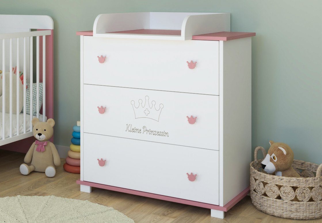 Kids Collective Wickelkommode Kommode Wickeltisch mit Wickelaufsatz mit 3 Schubladen, Kleine Prinzessin Gravur in weiss pink Mädchen Made in Europe