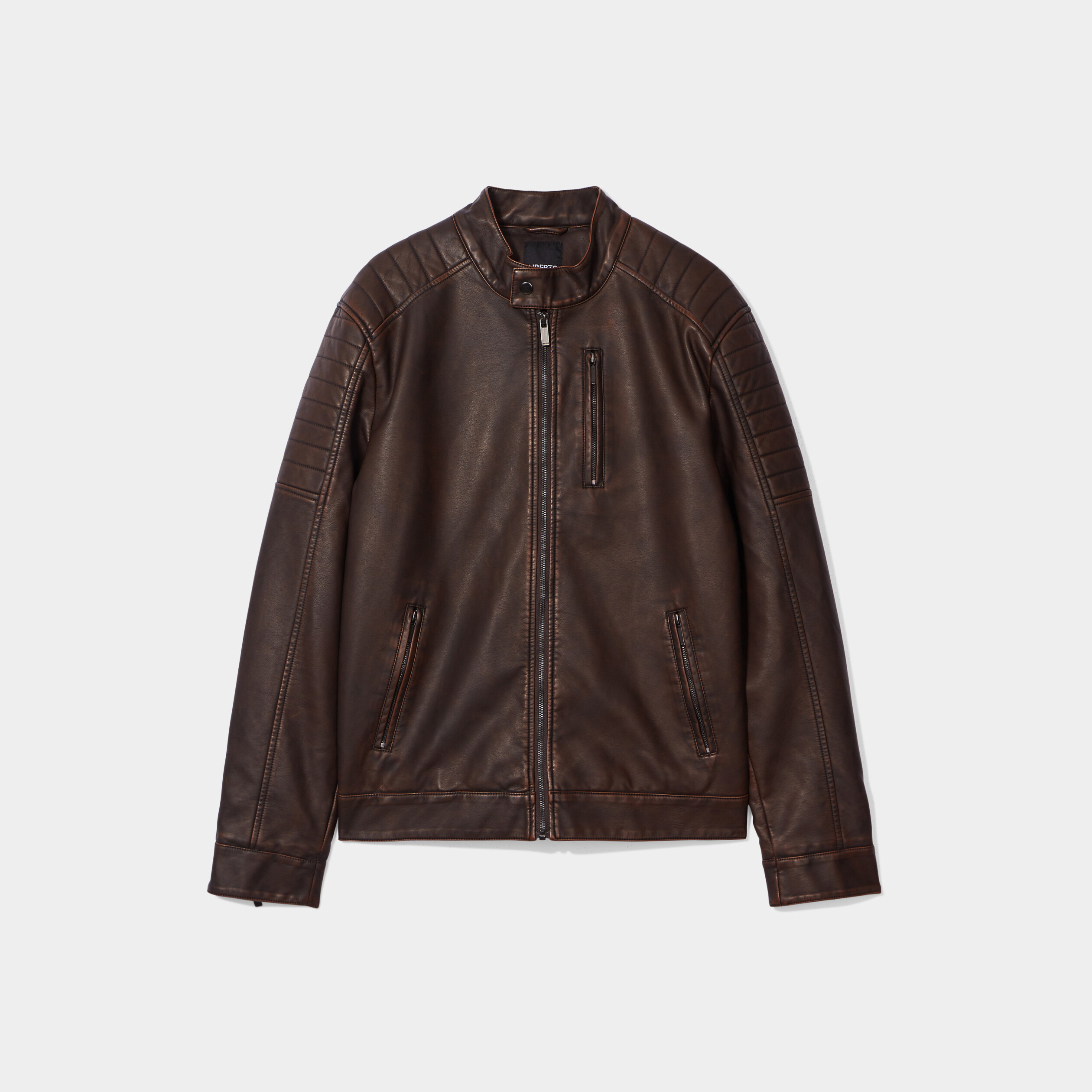 Blouson doublé droit biker à col montant marron homme | La Halle