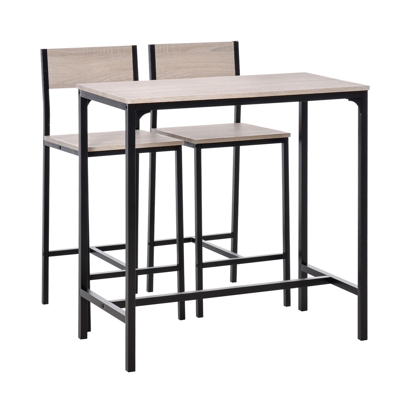 HOMCOM Bartisch Set 3-teilig, Esstisch mit 2 Barhocker, Küchentresen mit Barstühlen, Essgruppe, Sitzgruppe für Küche, Esszimmer und Bistro, Metallgestell, MDF, Natur  Schwarz, 89 x 45 x 87 cm