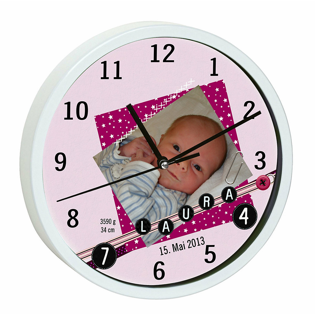Kinder Wanduhr laufruhig personalisiert mit Name Scrapbooking rosa