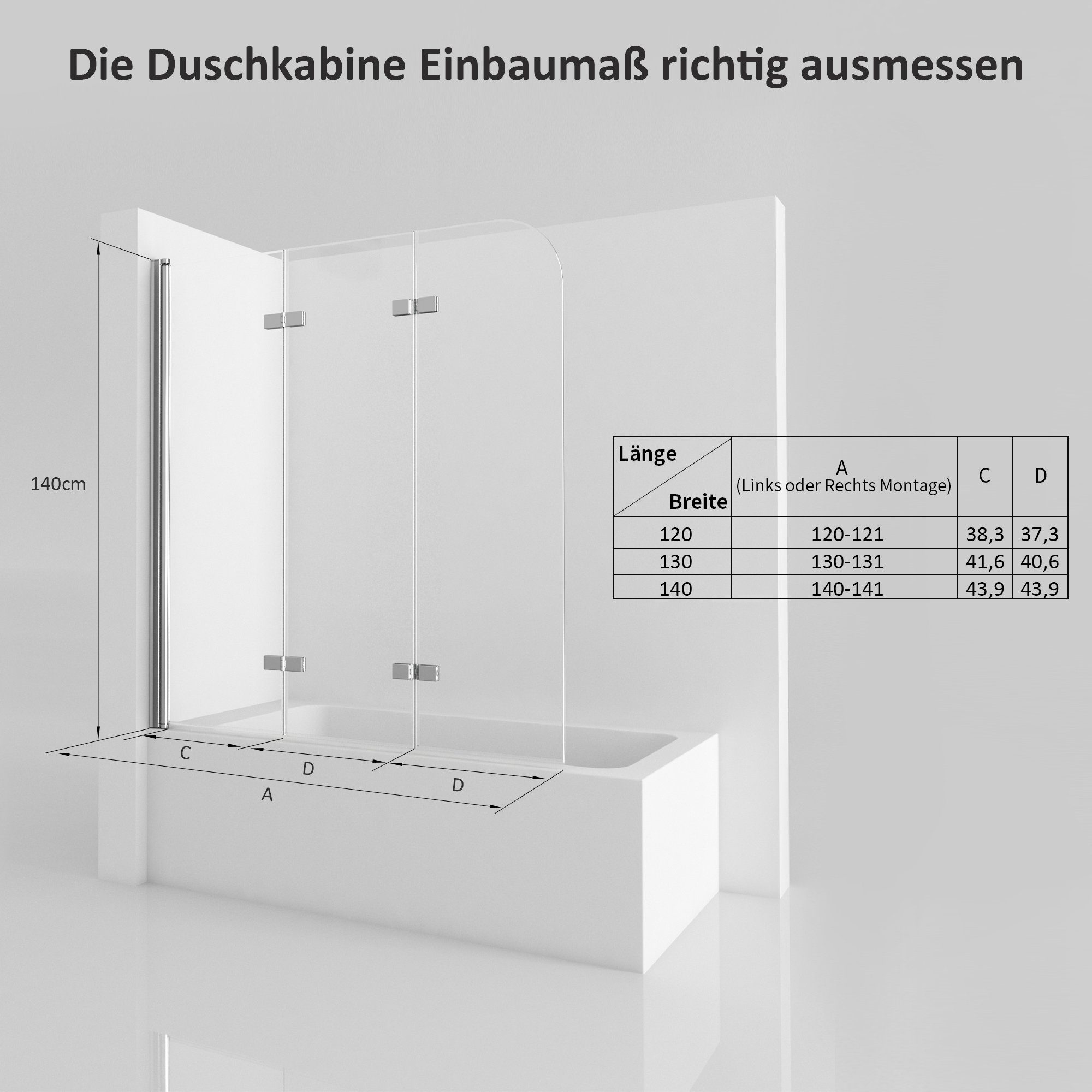 GOEZES Badewannenfaltwand 5mm Sicherheitsglas beideseitig Nano, Verstellber Aluprofile, (3 teilig faltbar 180° Faltwand, BxH:140x140, 130x140, 120x140cm), Rechts-und Links montierbar