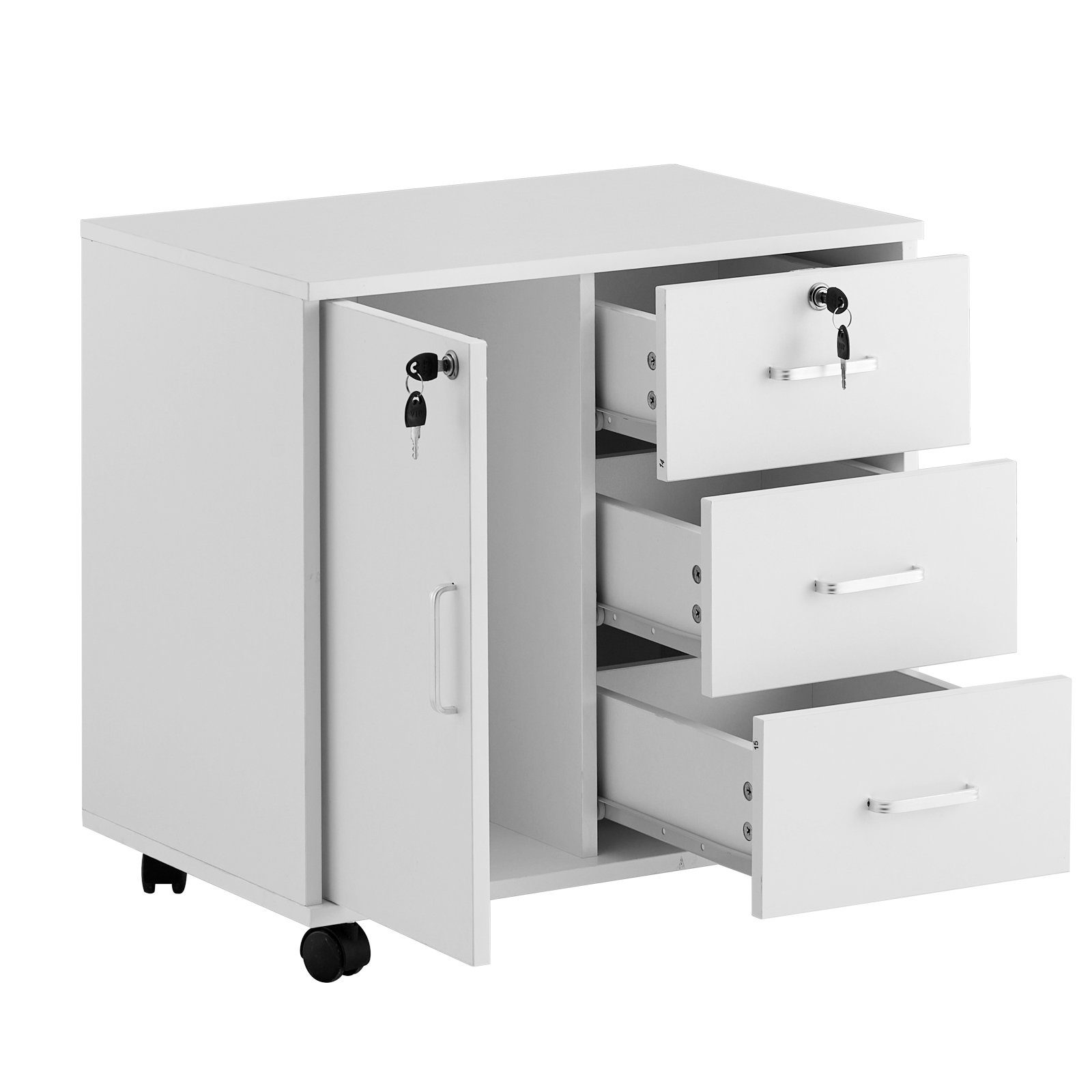 CLIPOP Aktenschrank Mobiler Aktenschrank mit 3 Schubladen 60x40x60cm abschließbar Büro-Rollschrank mit Rollen