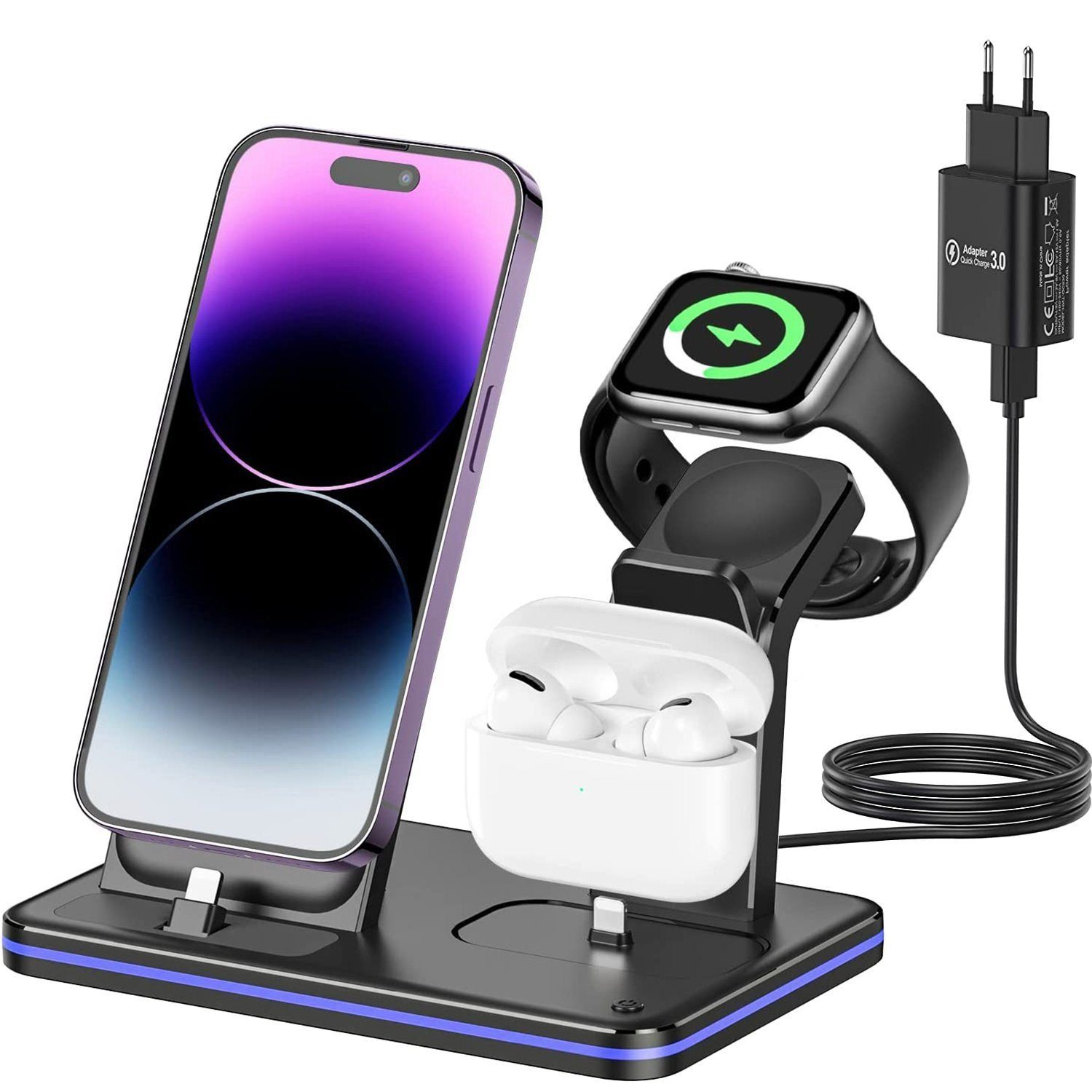 Yaviel Handy-Dockingstation Induktive Ladestation Apple 3 in1 für iPhone iWatch Airpods, (18W Kabellose Ladegerät, Kabellose Charger Lightning Kabel), Wireless Charger für Handy Charging Station