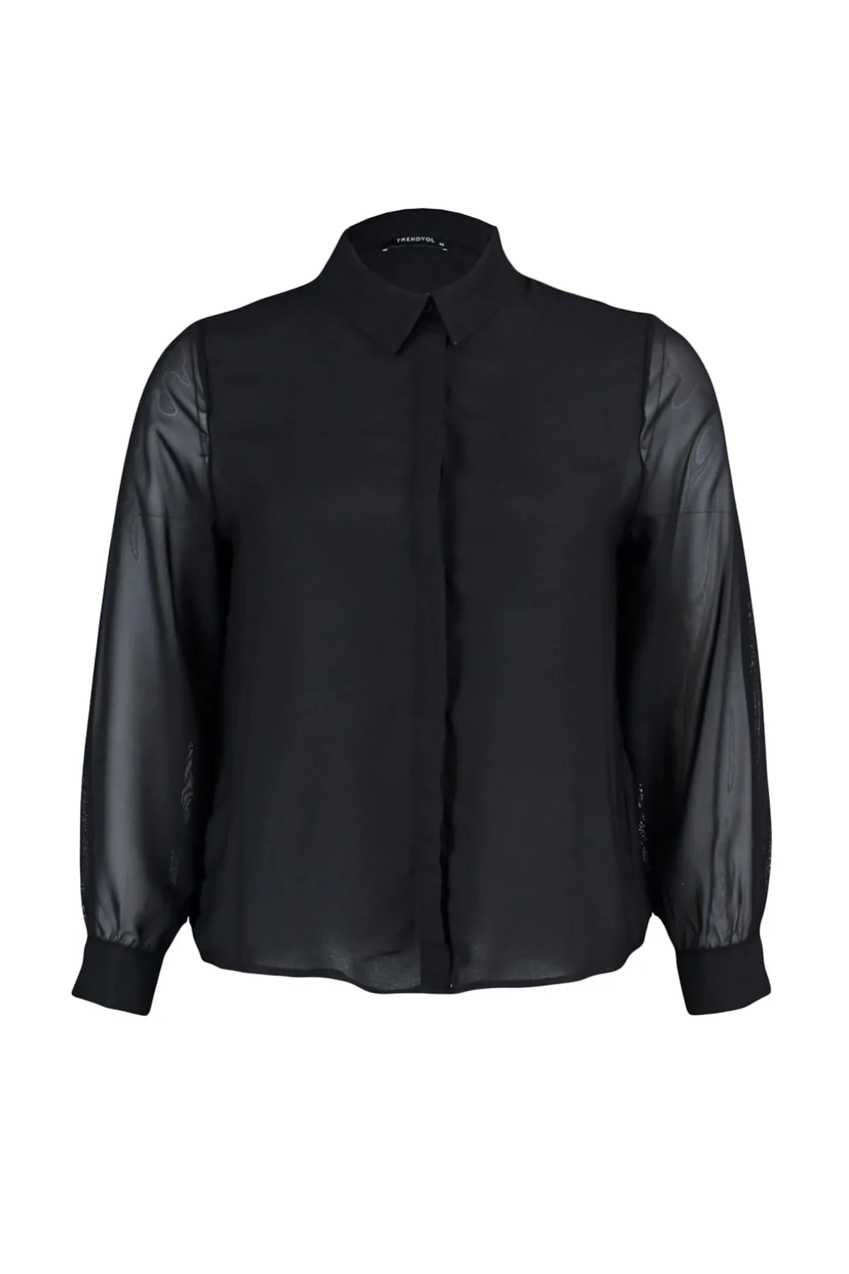 Trendyol Curve  Schwarzes, langärmliges, geknöpftes Chiffon-Webhemd TBBAW23AX00004