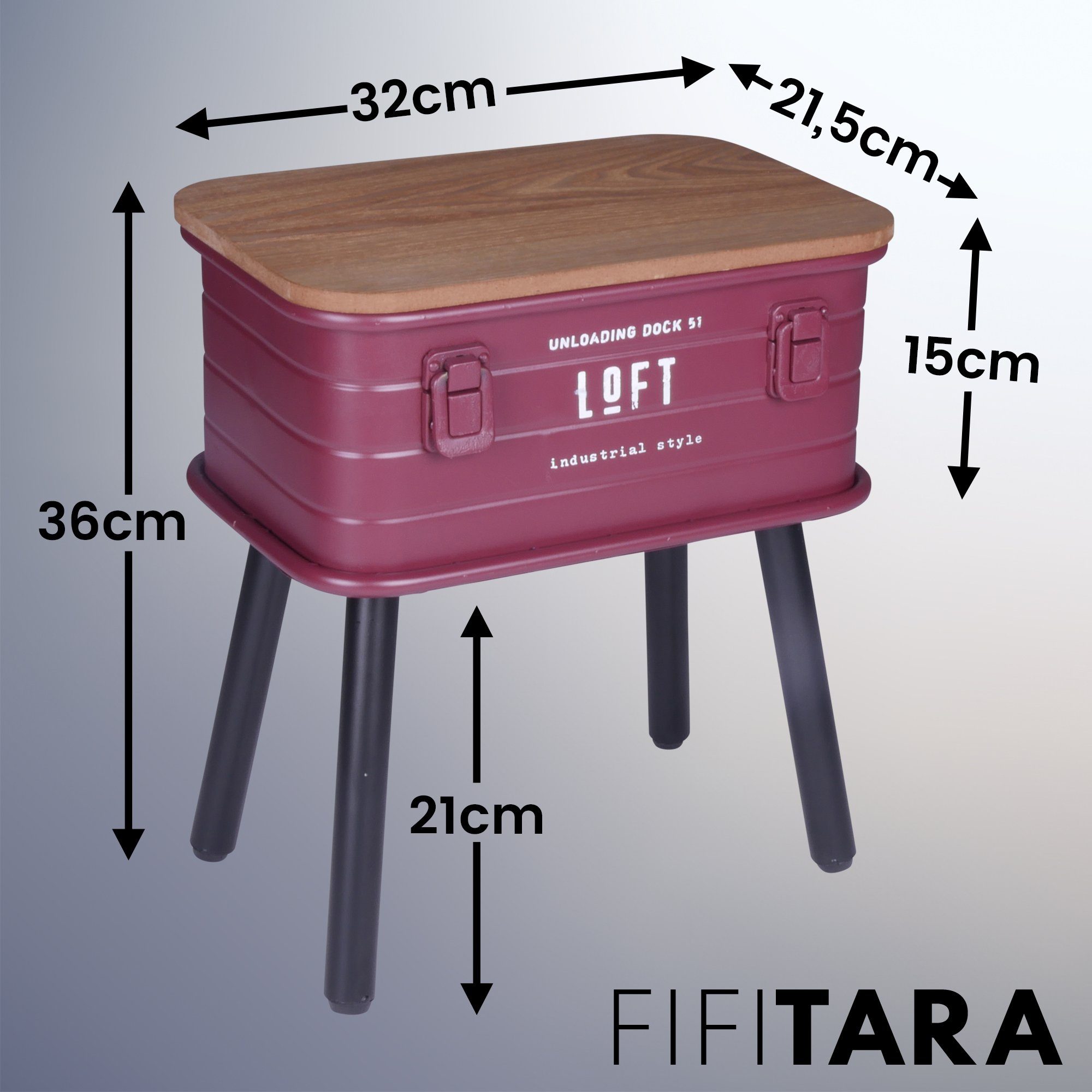 FIFITARA Beistelltisch rot, Retro Nachttisch, Vintage Ablagetisch, Konsolentisch, Metall mit Holzplatte und Stauraum, industrial Design