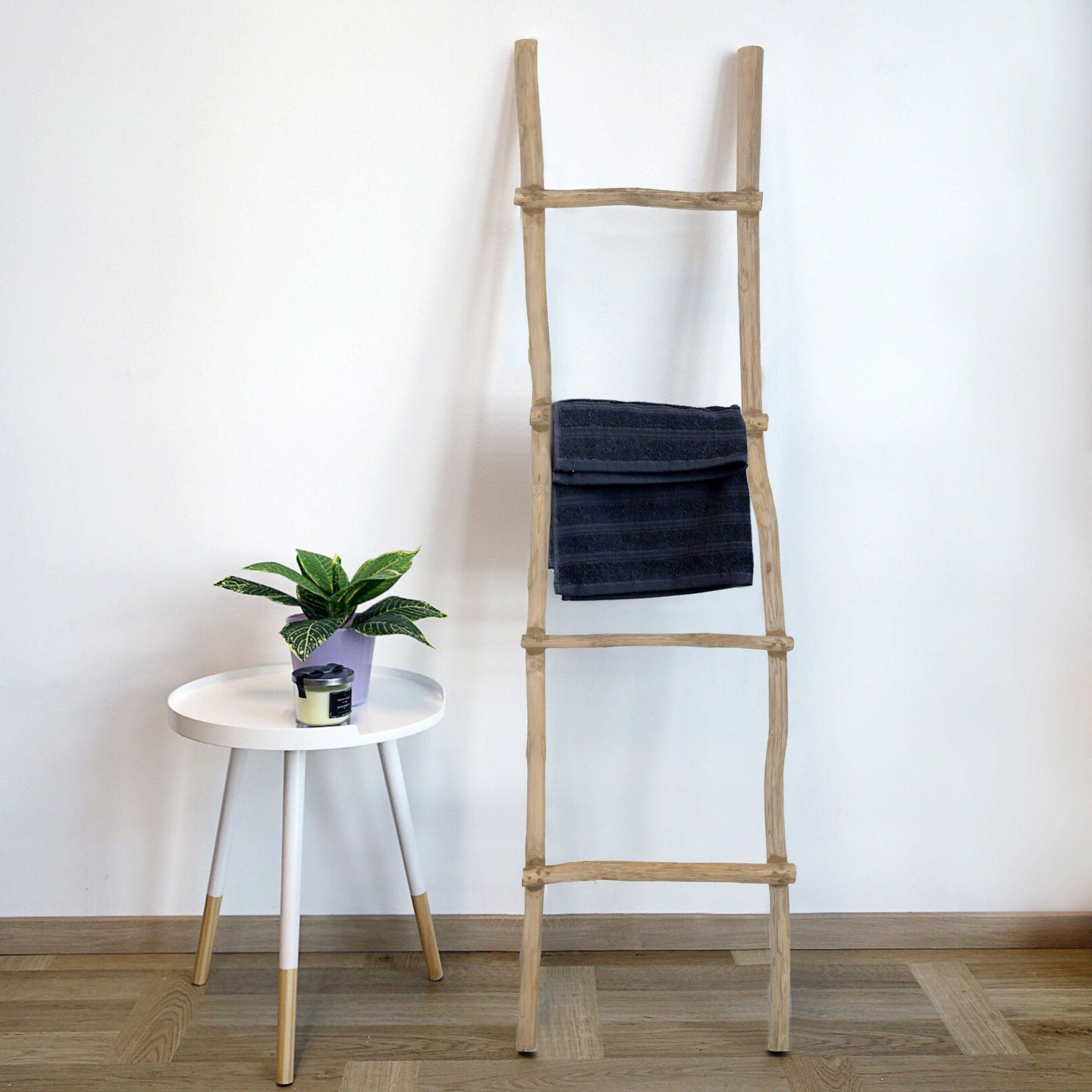 Spetebo Dekoleiter Teak Holz Dekoleiter natur - 150 cm x 40 cm (Packung, 1 tlg), dekorative Holzleiter Deko Garderobe im Landhaus Design