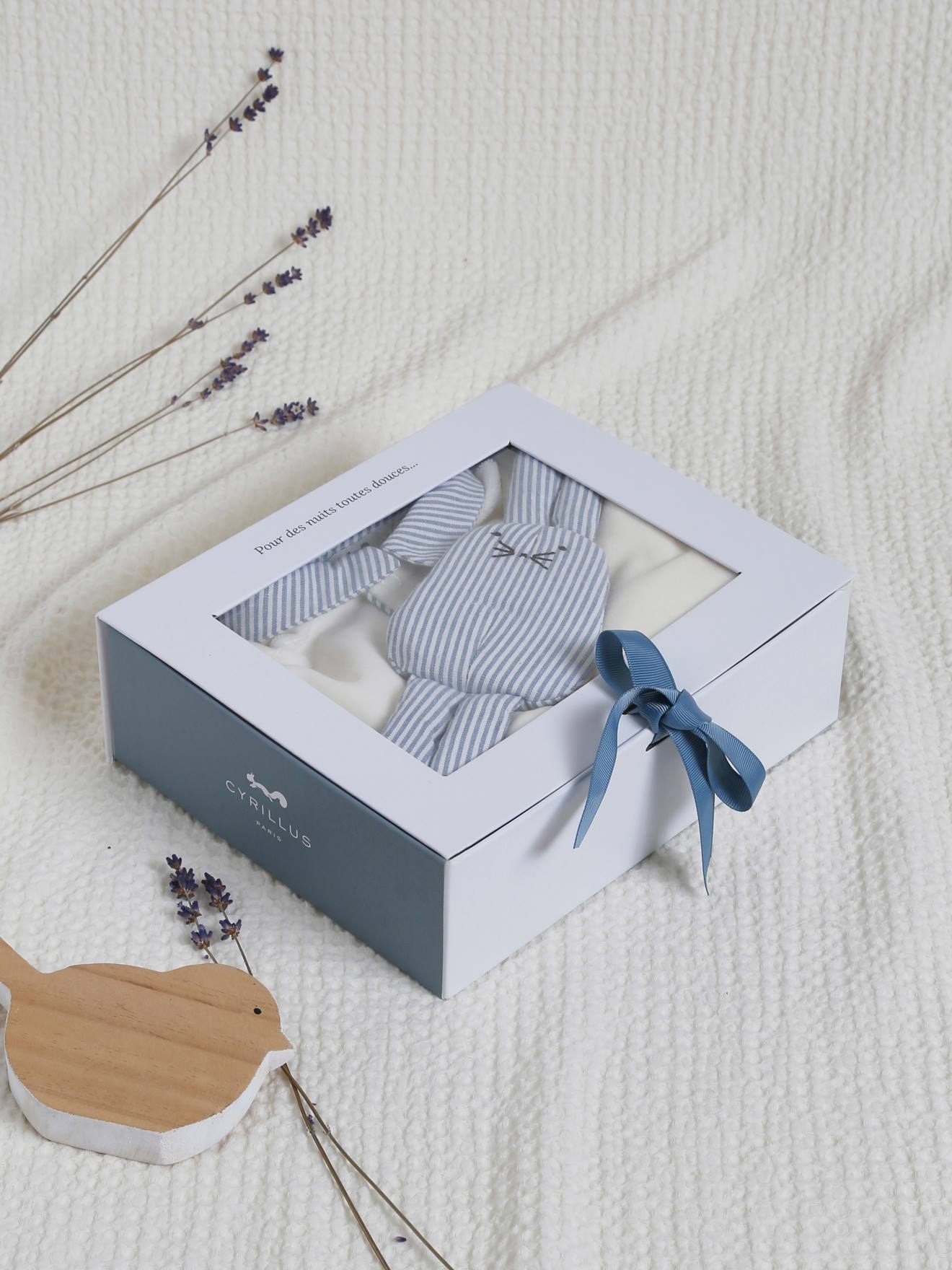Coffret cadeau bébé : dors-bien en velours et son doudou CYRILLUS blanc