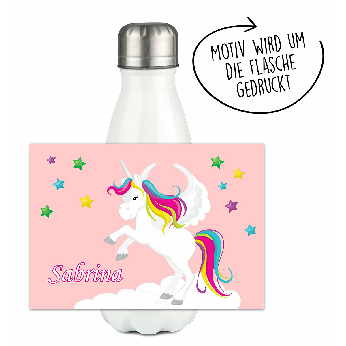 Edelstahl Kinder Thermoflasche / Trinkflasche bunt Pegasus Farbe rosa Spülmaschinenfest, Auslaufsicher, Bruchfest, Doppelwandig, Für Heißgetränke geeignet, Mit Deckel, Isoliert