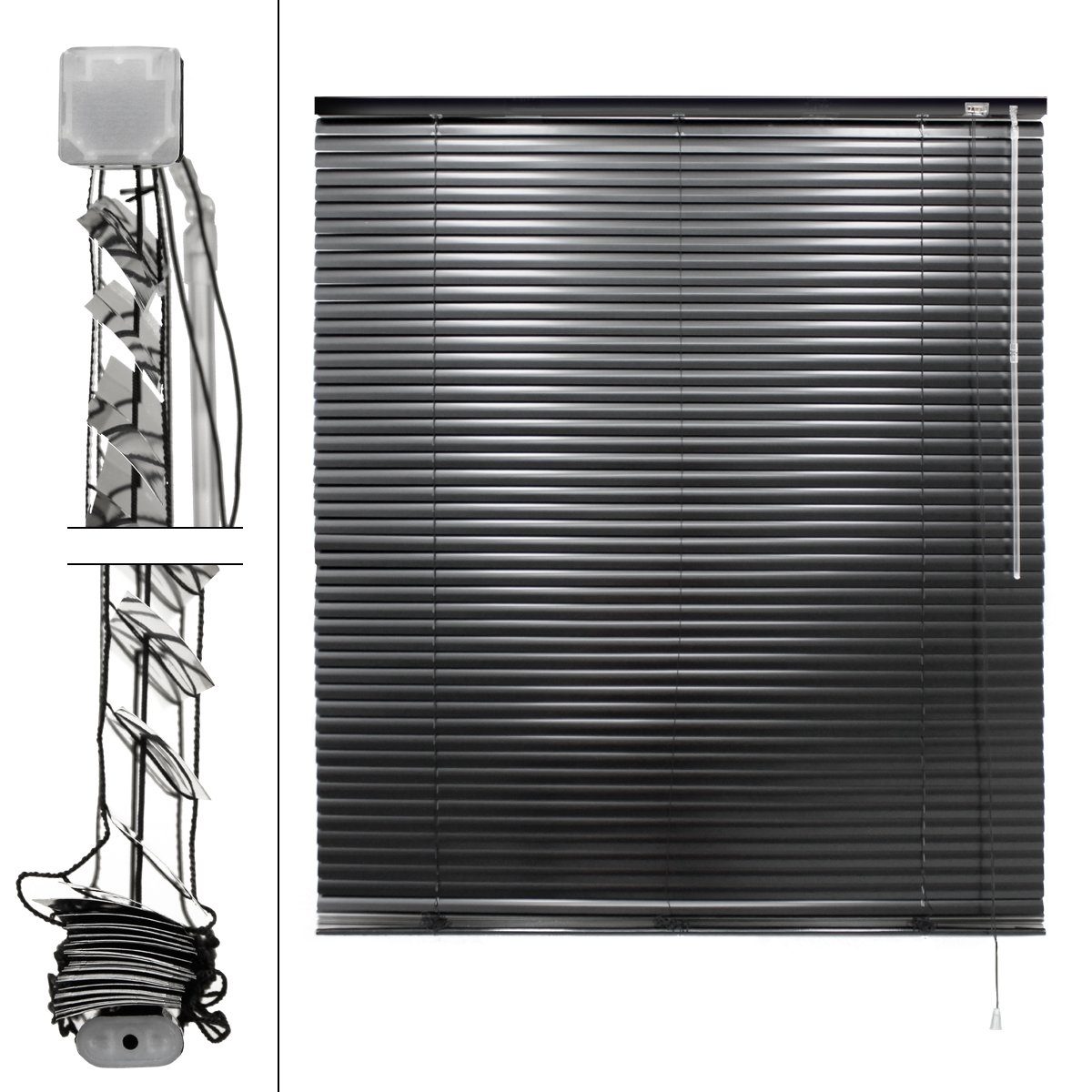 Jalousie Sicht-, Licht- und Blendschutz Fensterjalousie Jalousette Rollo, ECD Germany, Universalhalter, Schwarz 120x130cm Aluminiumlamellen inkl. alle Montageteile
