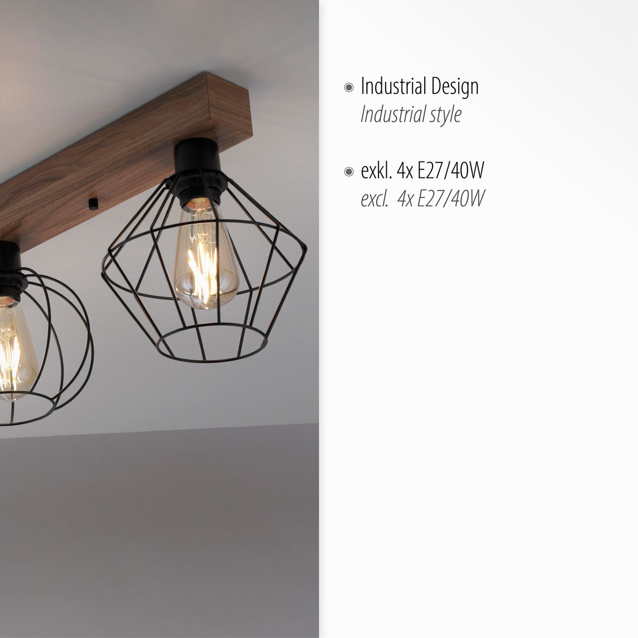 JUST LIGHT LeuchtenDirekt Deckenleuchte KASKA, Holzdekor, 4xE27 max. 40 W, Innenleuchte, IP20
