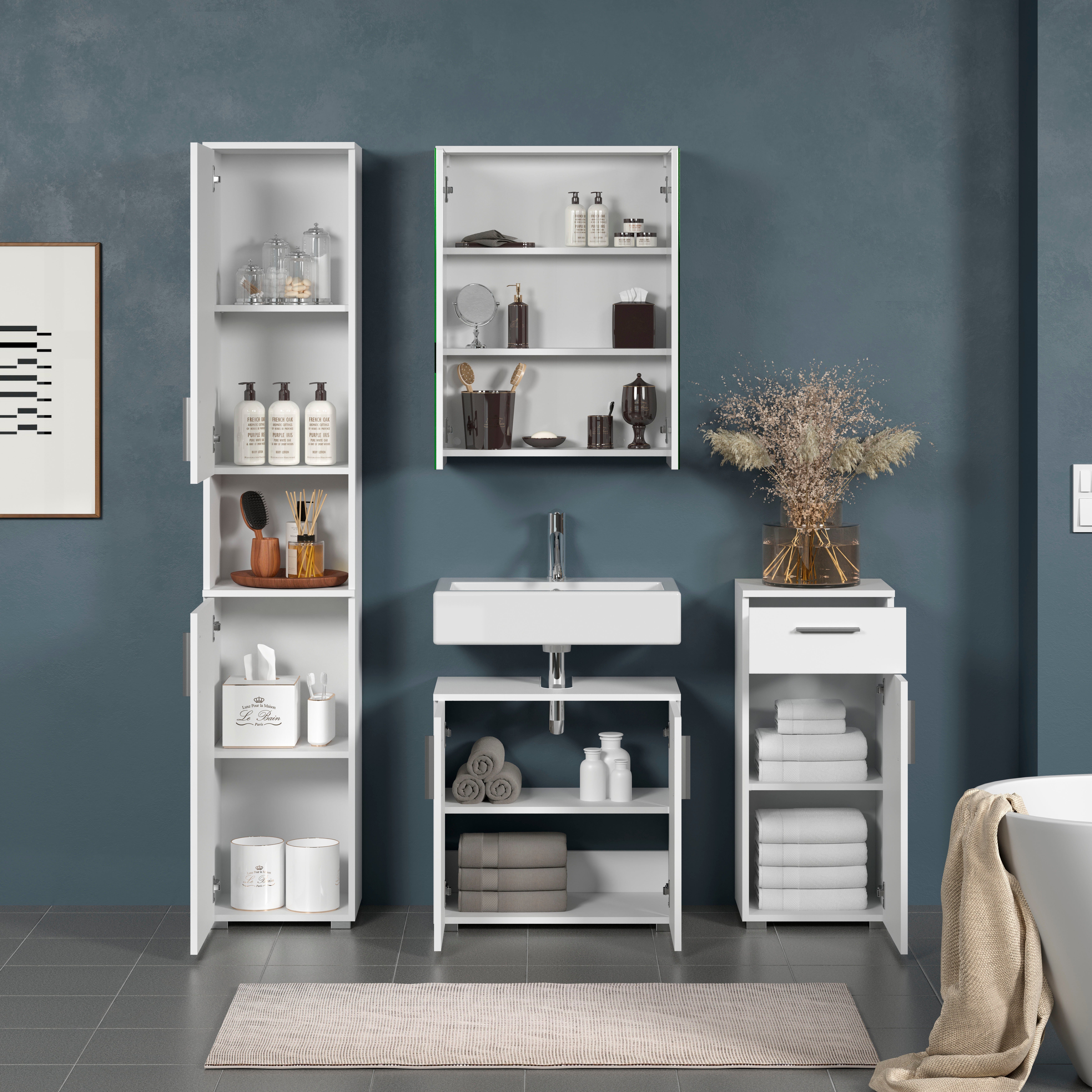 welltime Badezimmer-Set Prag, (Set, 4-St), Hochschrank, Unterschrank, Waschbeckenunterschrank & Spiegelschrank
