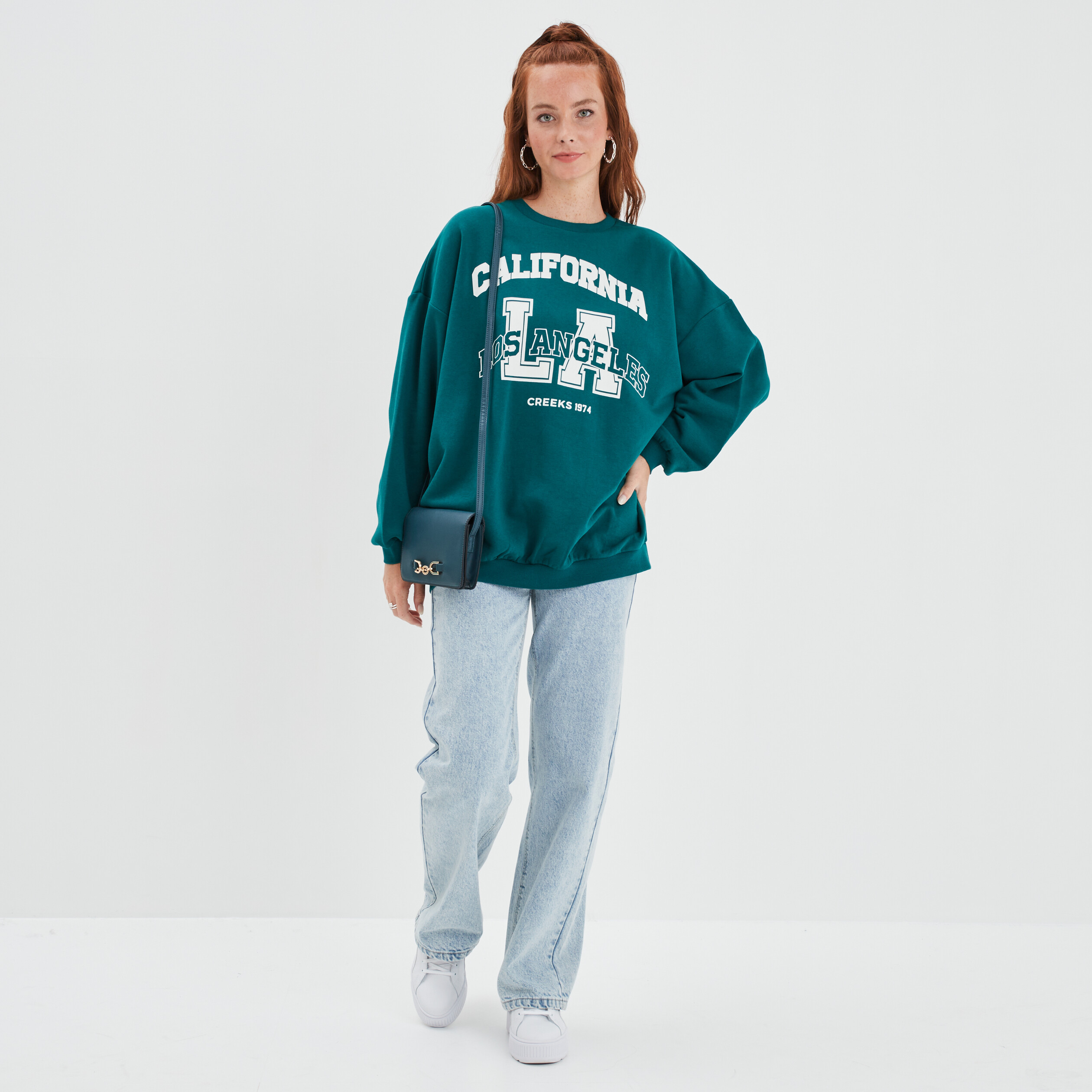 Sweat oversize mi-long col rond Creeks vert femme | La Halle