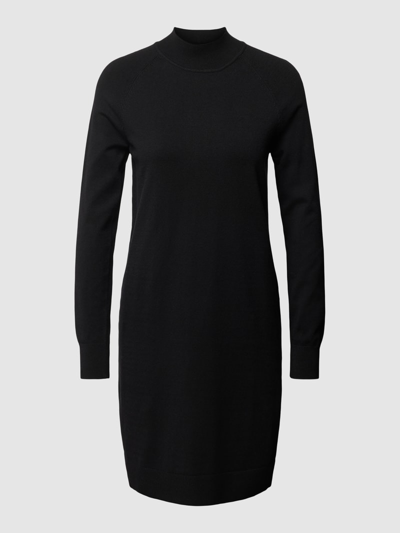 Knielanges Strickkleid mit kleinem Stehkragen in schwarz