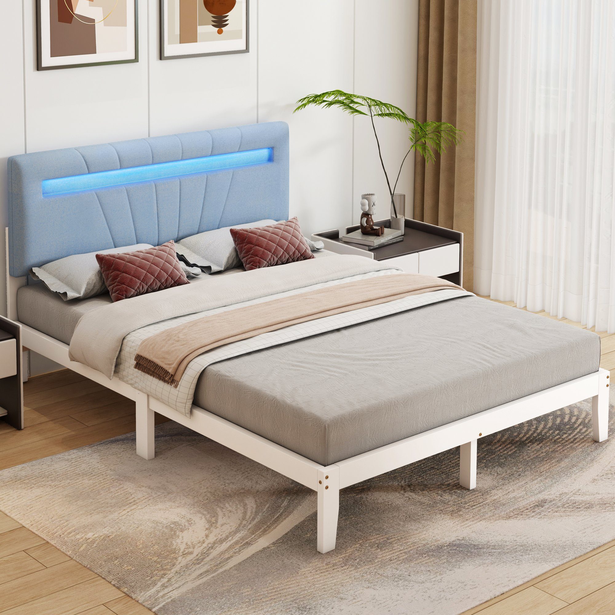 KLAM HOME Massivholzbett 140x200 Massivholzbett mit gepolstertes Kopfteil und Lattenrost (Set, Holzbett aus Kiefer mit LED-Leuchte), Einzelbett Doppelbett Bettrahmen, für Schlafzimmer und Jugendzimmer