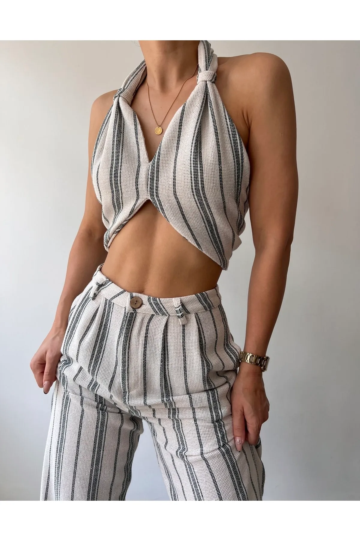 MAİ COLLECTİON  Ramona-Set aus gestricktem Leinen mit Gittermuster