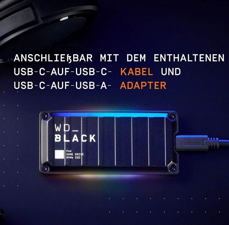 WD_Black WD_BLACK P40 Game Drive SSD externe Gaming-SSD (1 TB) 2000 MB/S Lesegeschwindigkeit, RGB mit 2 Zonen