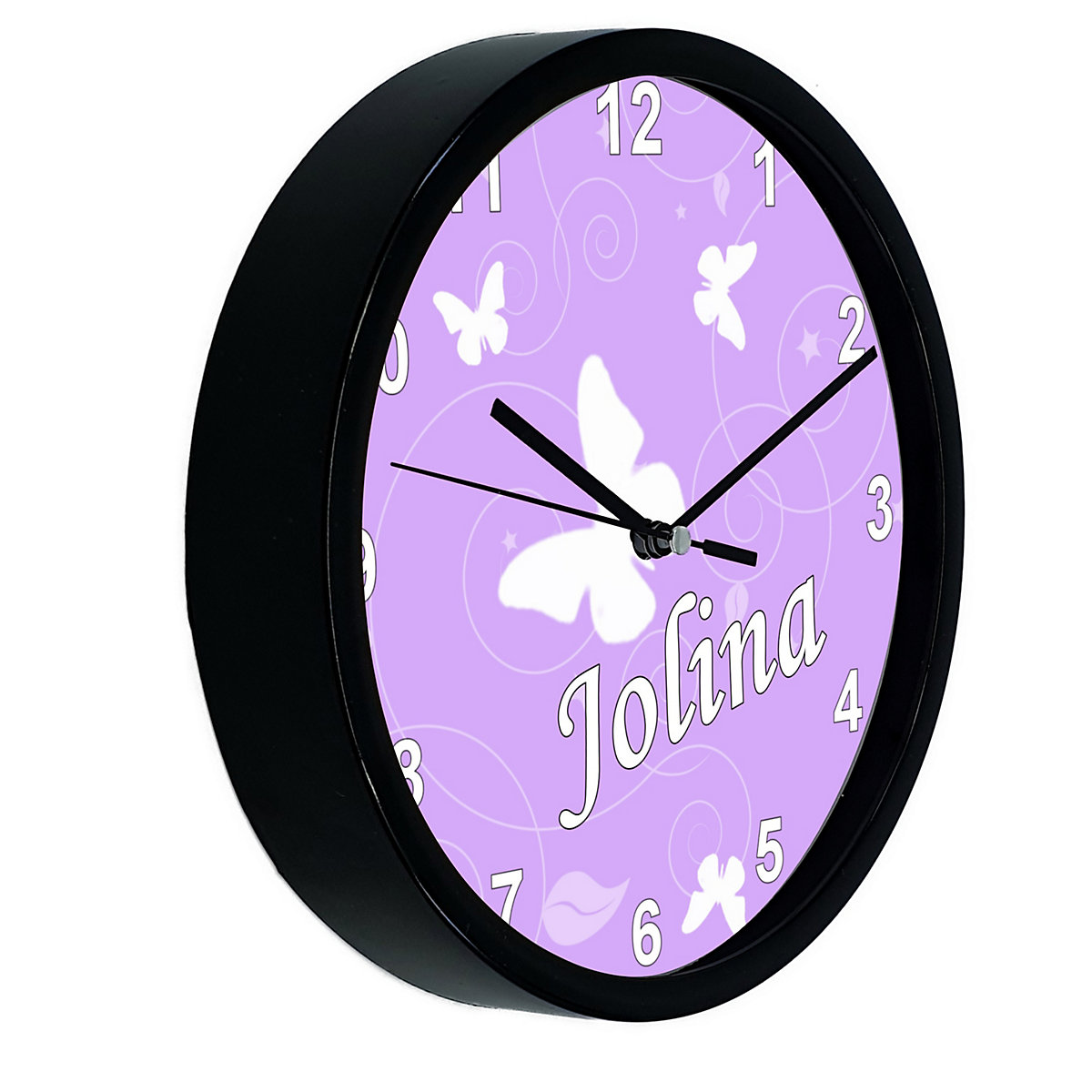 Kinder Wanduhr laufruhig personalisiert mit Name Schmetterling Flieder