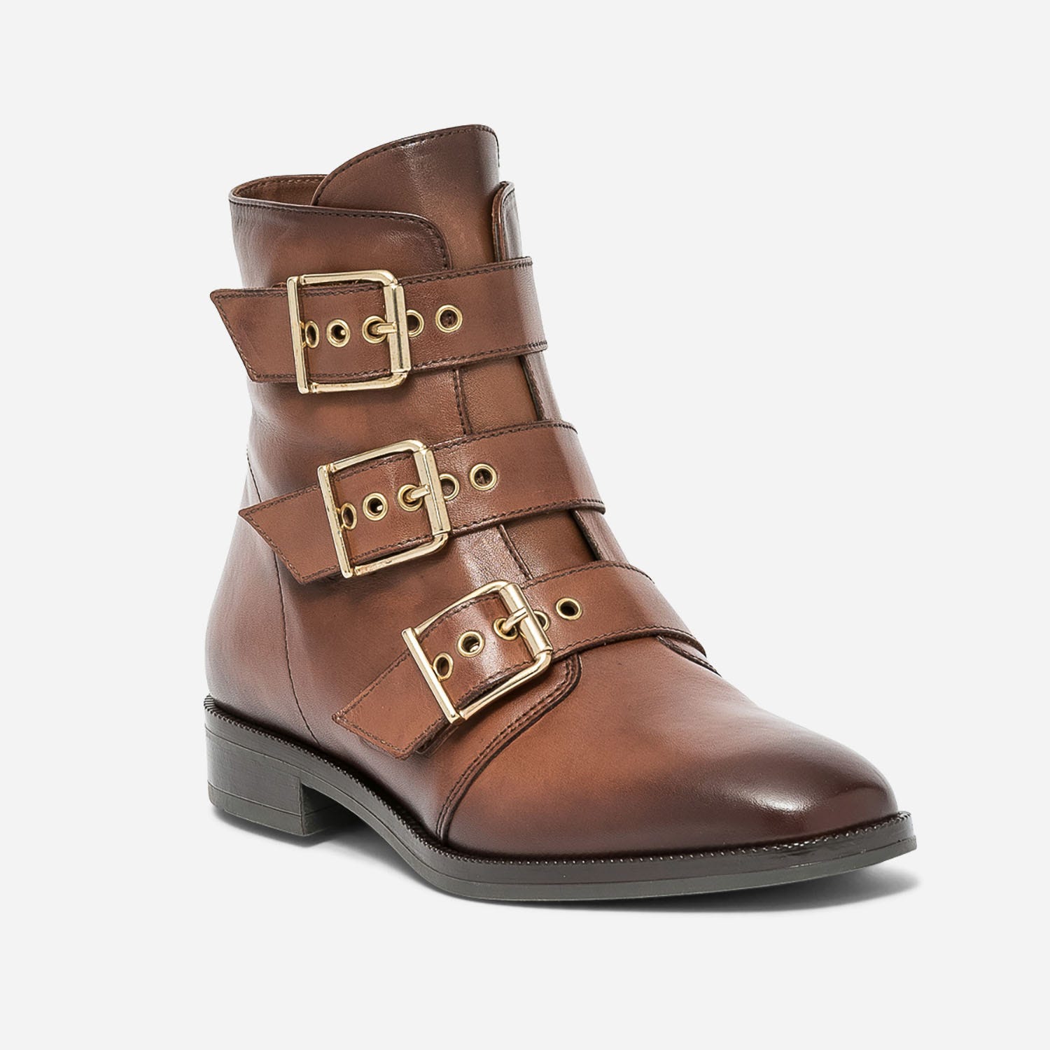 Boots cognac en cuir éco-conçu avec 3 brides