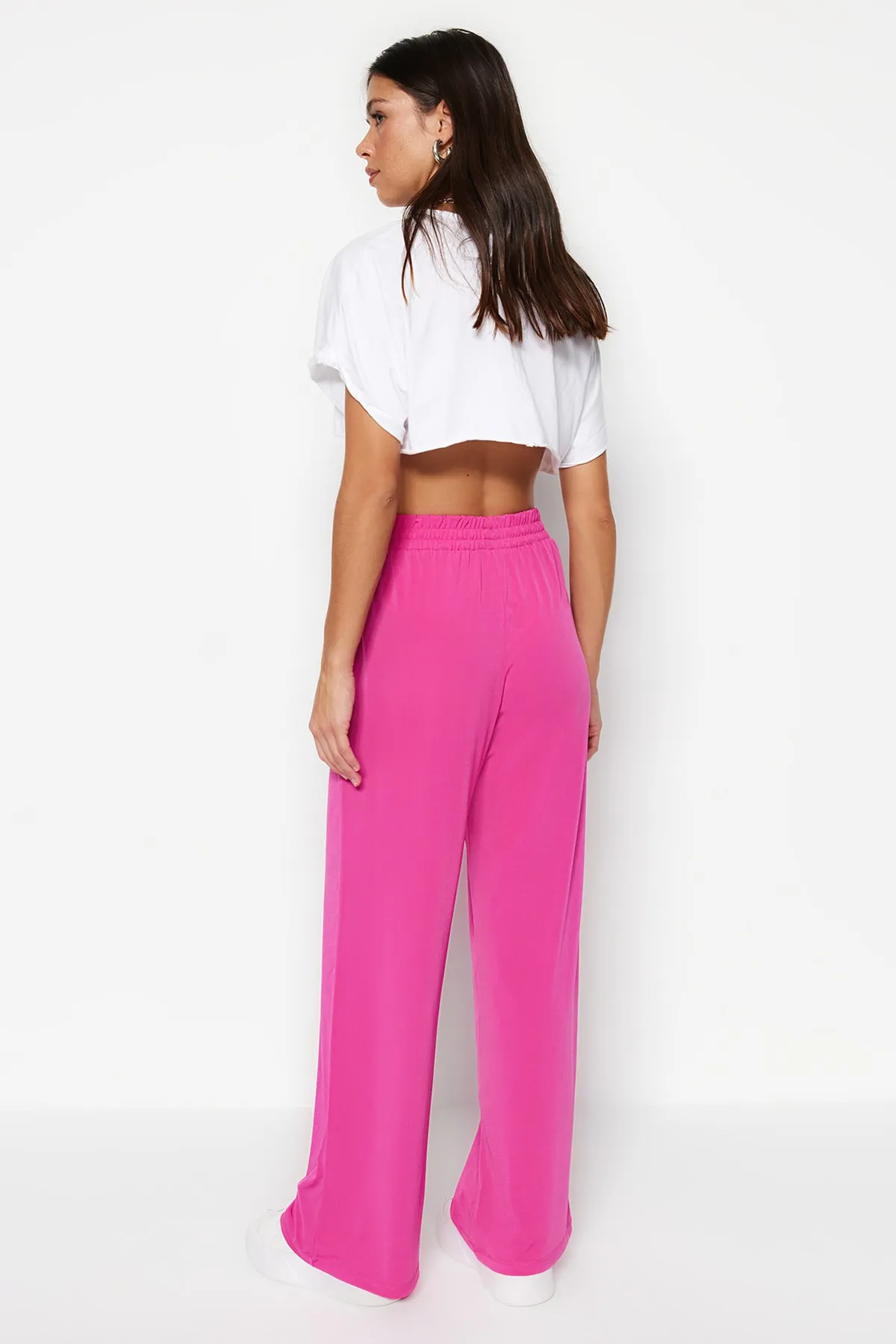Trendyol Collection  Fuchsia, weites Bein/entspannter Schnitt, dehnbare Strickhose mit hoher Taille TWOSS23PL00129