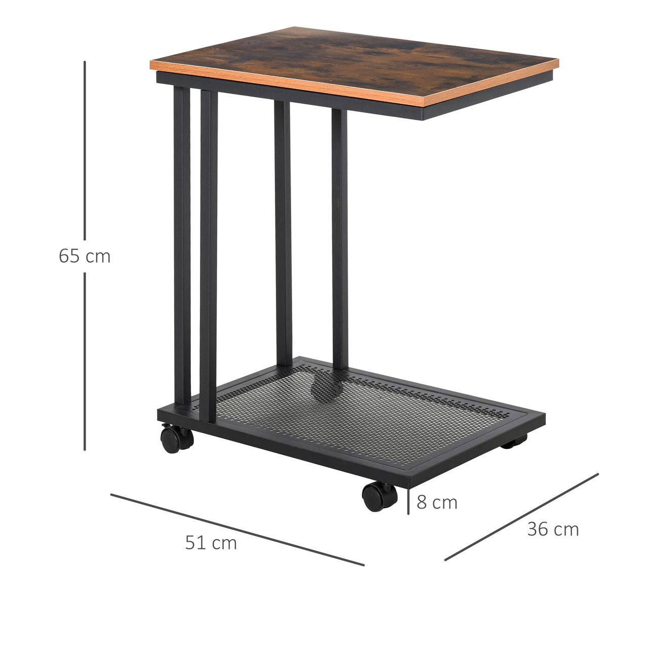 HOMCOM Beistelltisch C-Form rollbar Rollwagen Servierwagen Nebentisch Nachttisch Holz   Metall Schwarz   Walnuss gemasert 51 x 36 x 65 cm