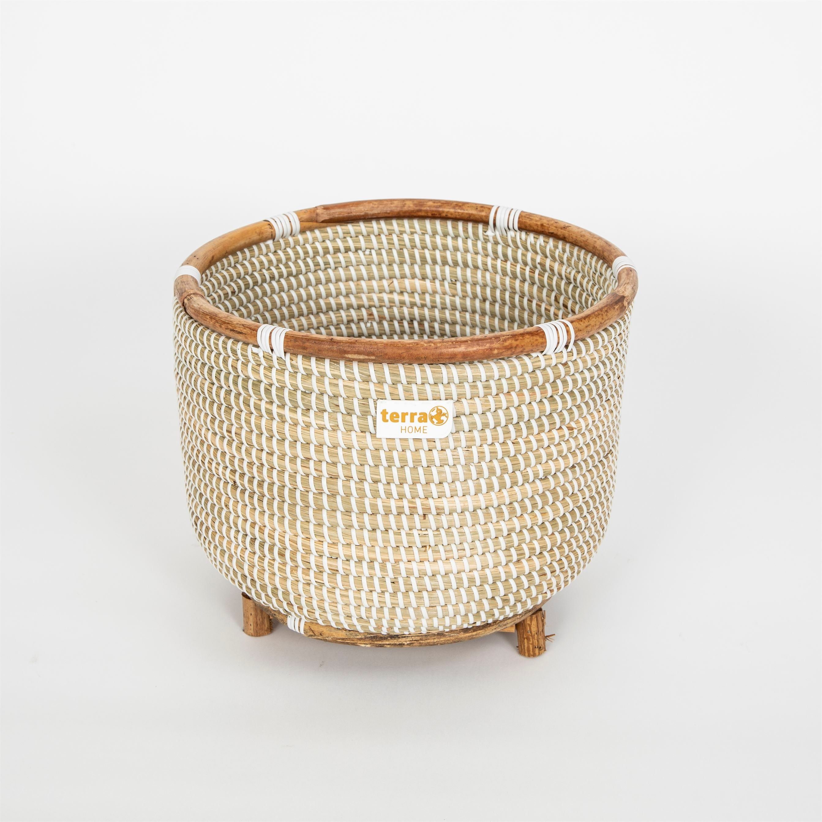 Terra Home Übertopf Pflanzenübertopf Seegras Rattan Ø33 H30 blau/türkis (mit Rattan Füßen, 1 St), Blumentopf Übertopf Füllkorb auf Holzbeinen blau/türkis