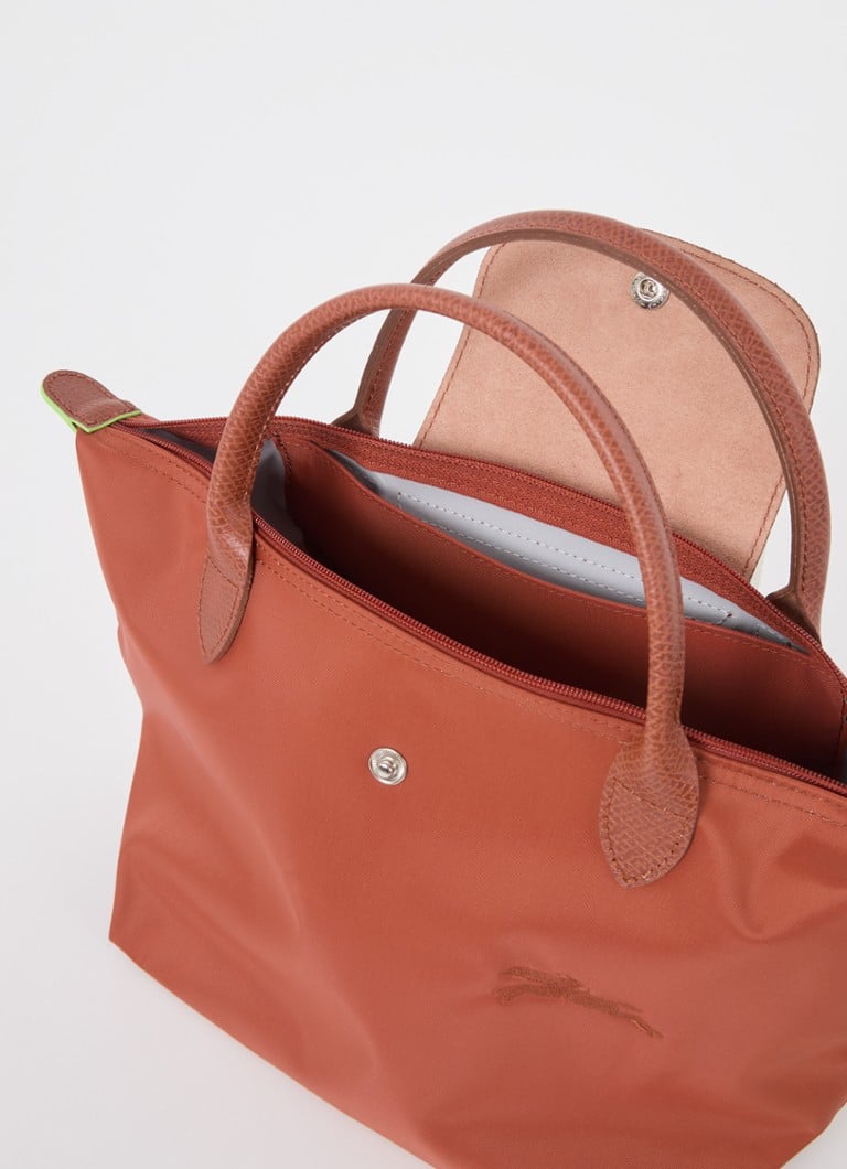 Geantă verde Longchamp Le Pliage, mărimea S, cu detalii din piele.