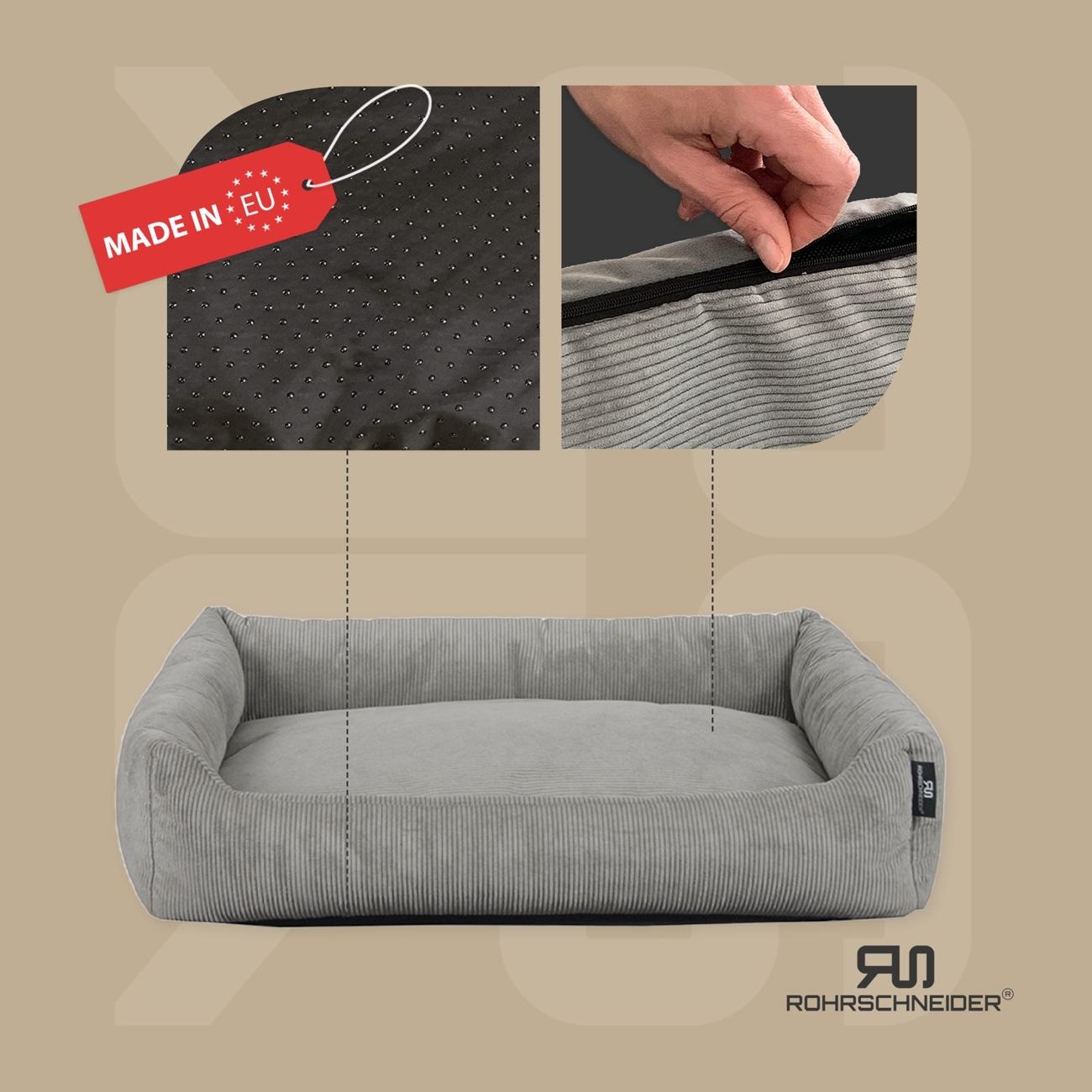 Rohrschneider Hundebetten Rohrschneider Hundebett mit Gratis-Beigabe, waschbar, robuster Fein-Cordstoff grau