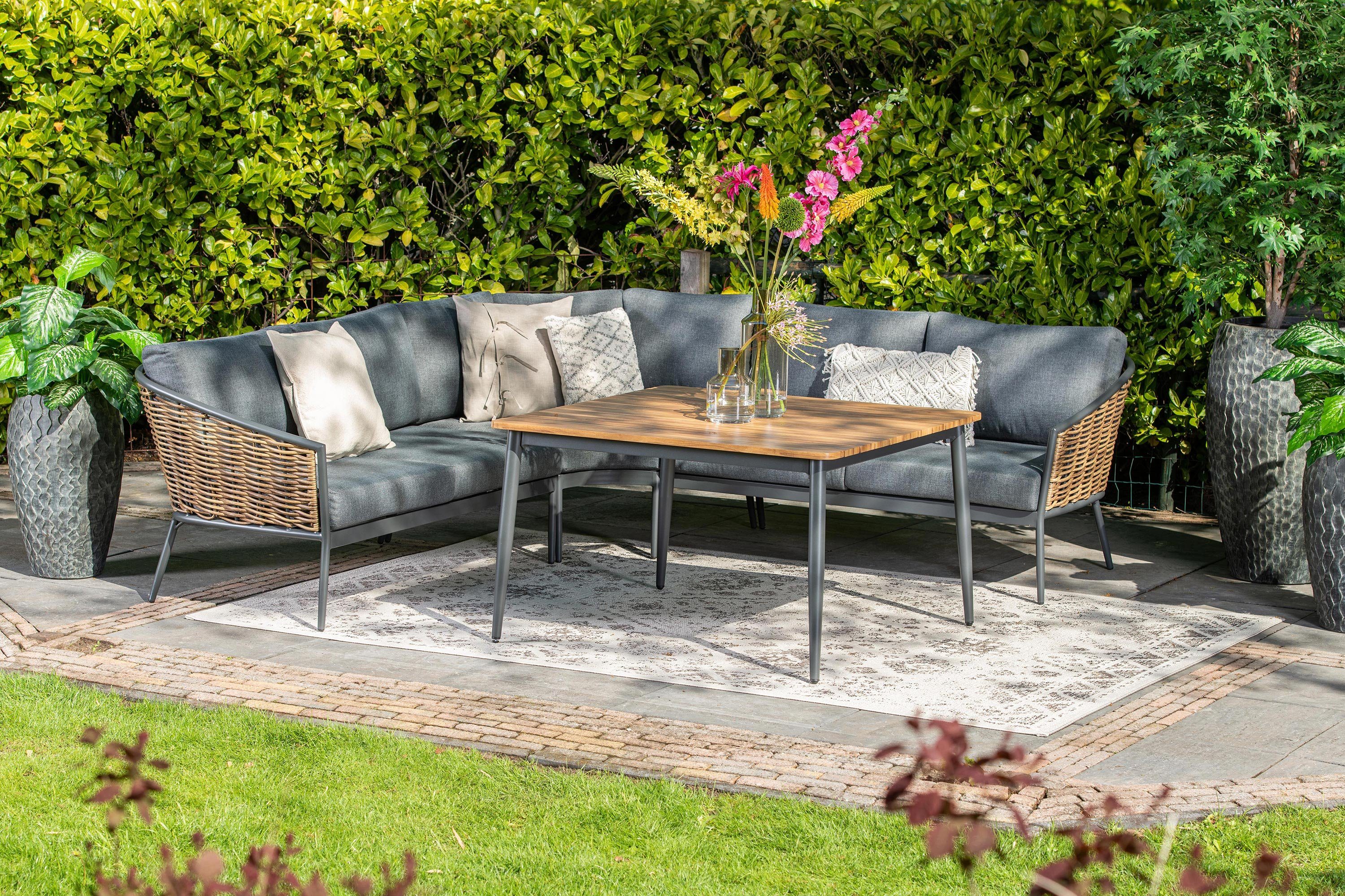 GMD Living Eckbankgruppe BALI, (Gartensitzgruppe / Gartenessgruppe, 4-tlg., bestehend aus 3 Bankteilen und einem Tisch), stilvolles Set in auffälligem Material-Mix