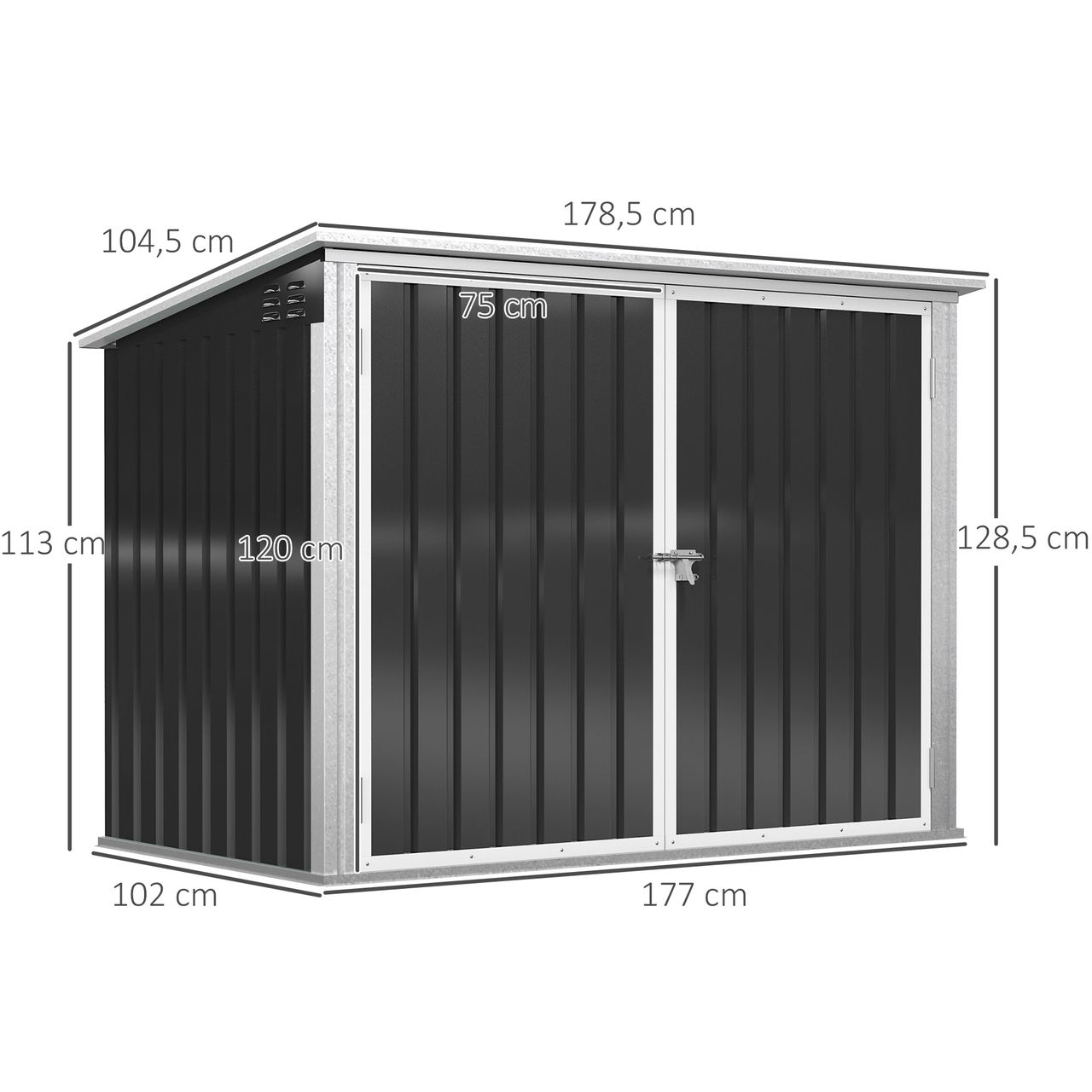 Outsunny Mülltonnenbox Gerätebox Müllbox Storer für 2 Mülltonnen abschließbar Stahl Schwarz 178,5 x 104,5 x 128,5/113 cm