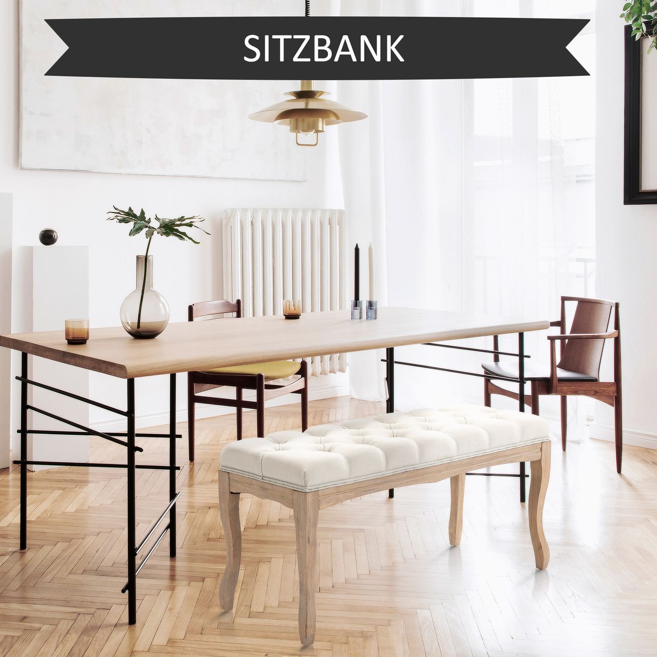 HOMCOM Polsterbank Sitzbank Truhenbank Schuhbank Vintage Gummiholz Leinen Beige