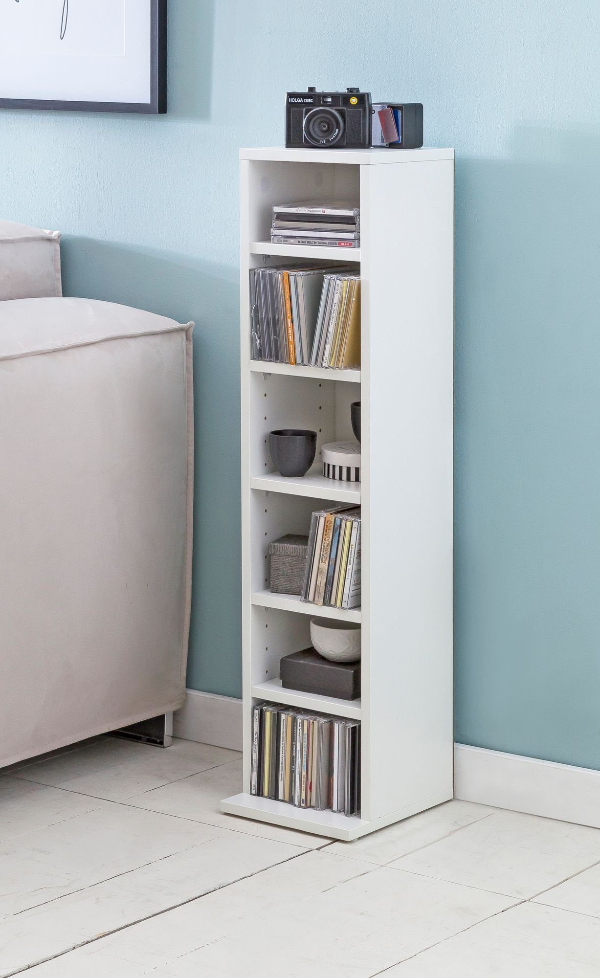 Wohnling CD-Regal WL5.836, 21x90x20 cm, Offenes Bücherregal Schmal Weiß, CD Aufbewahrung Klein, Nischenregal 6 Fächer