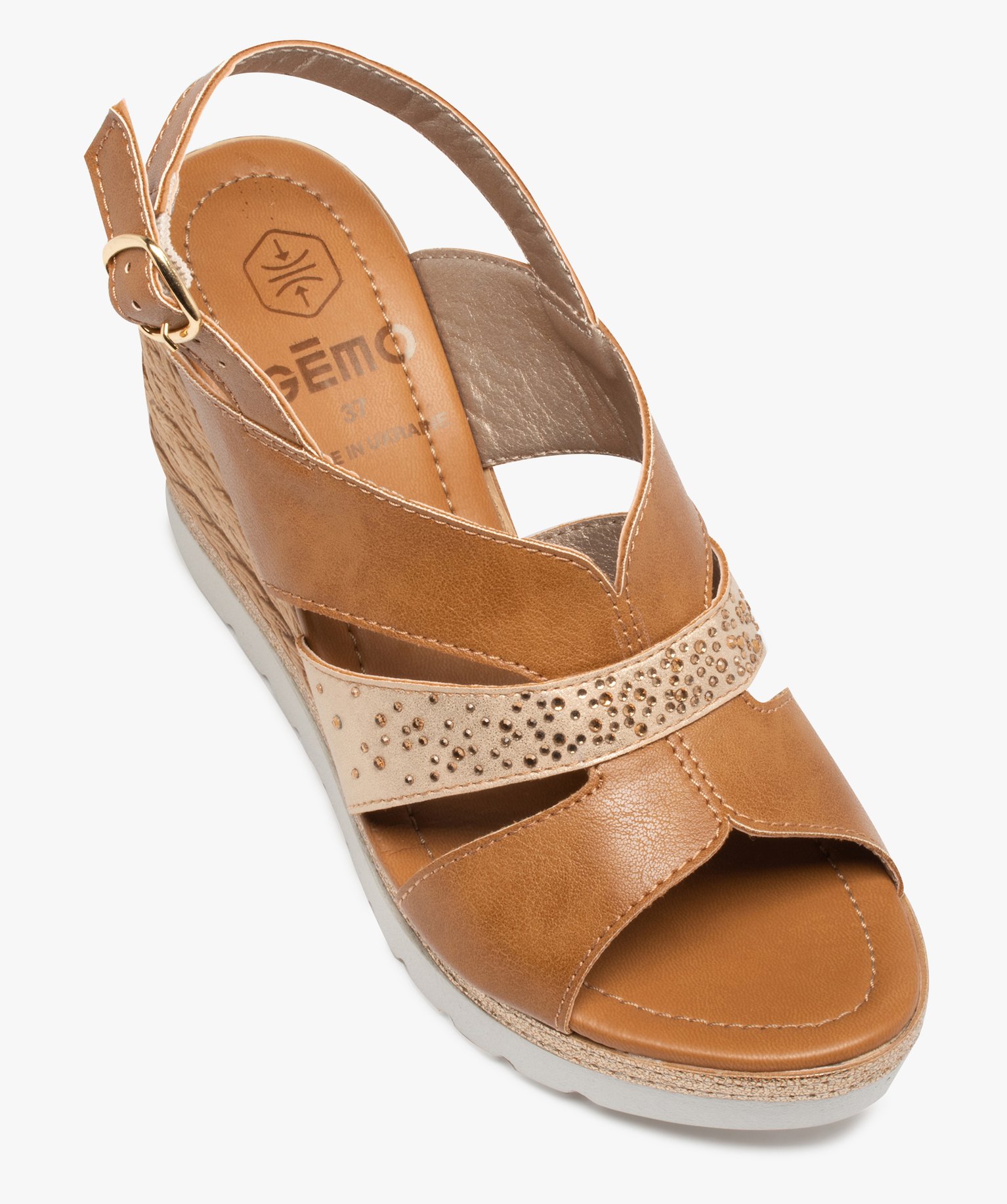 Sandales femme compensées bride métallisée à strass camel | GEMO