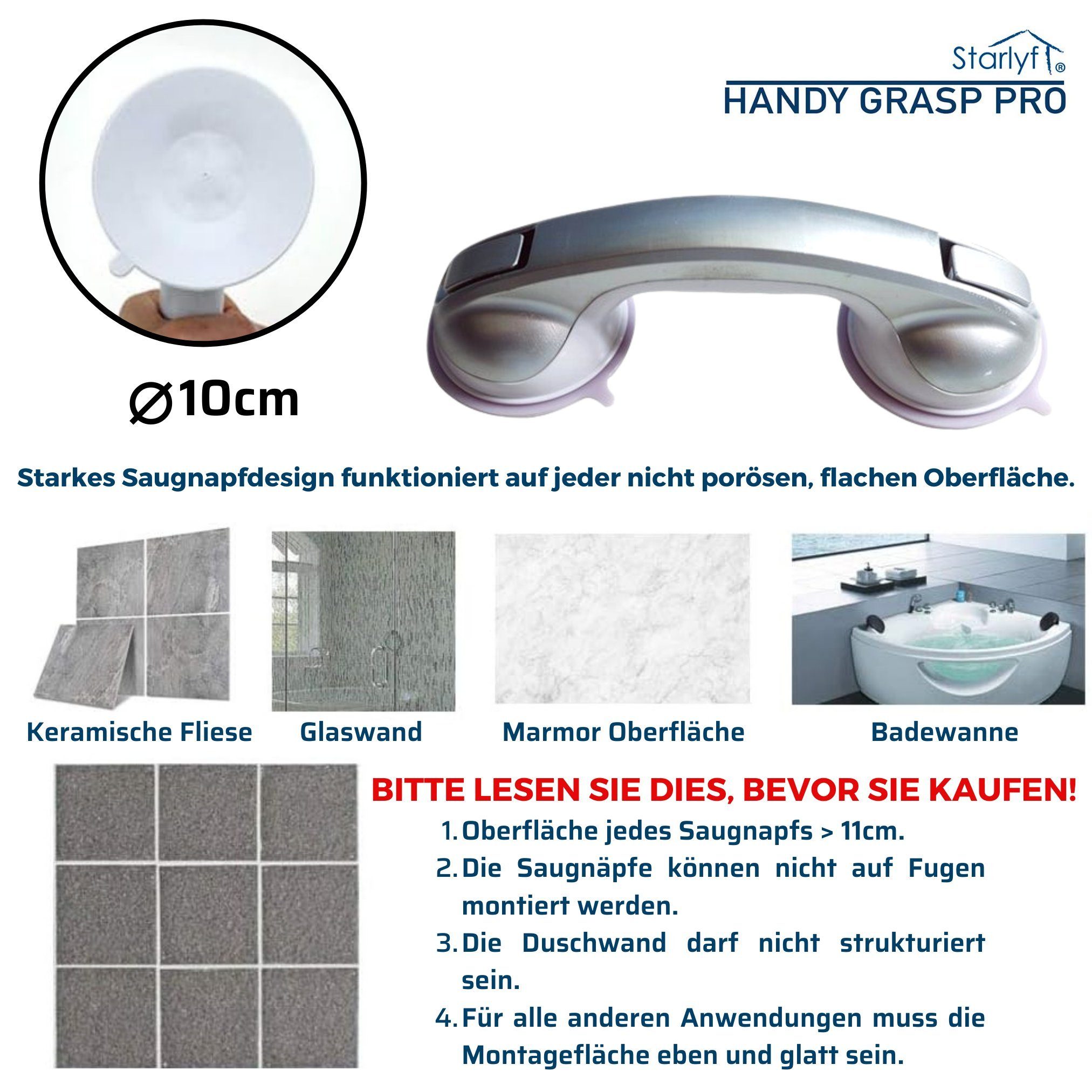 Starlyf Haltegriff Handy Grasp Pro, belastbar bis 70 kg, 30 cm Badewannengriff, ideal für die Dusche, ohne Schrauben