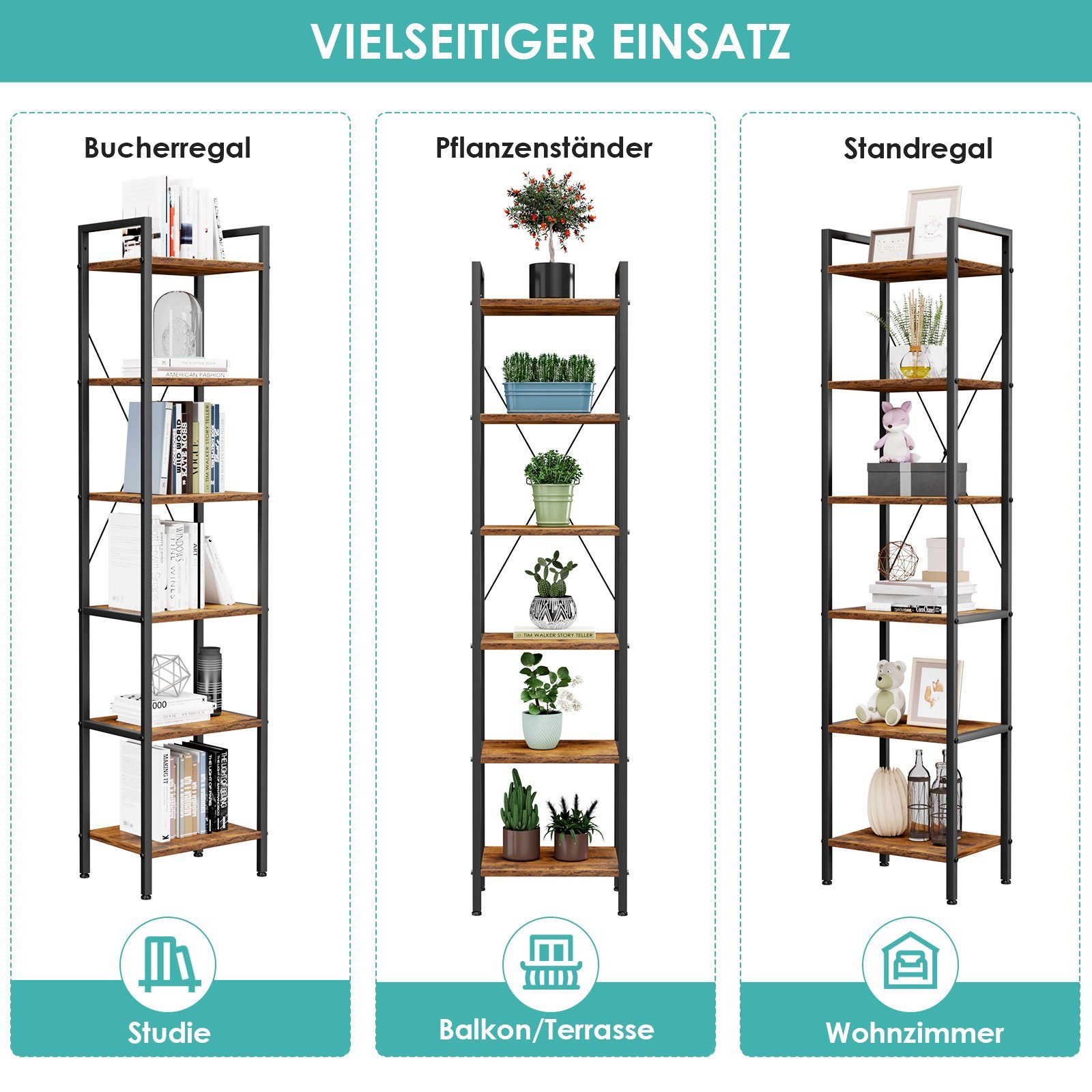 TLGREEN Bücherregal, mit 6 Ebenen, bücherregal standregal, 187 x 40 x 30 cm, Braun